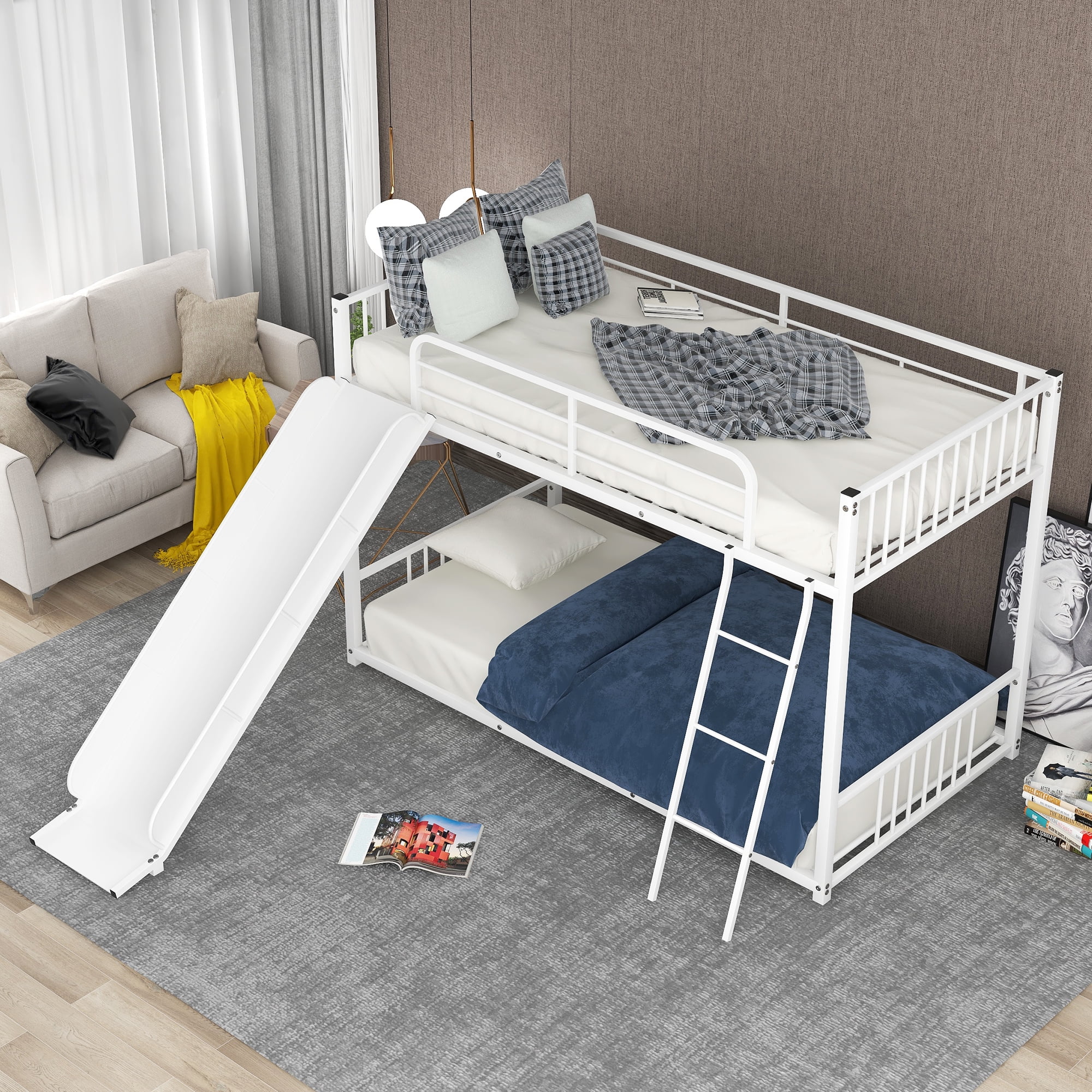 Nestfair White Twin over Twin Metal Bunk Bed with Slide