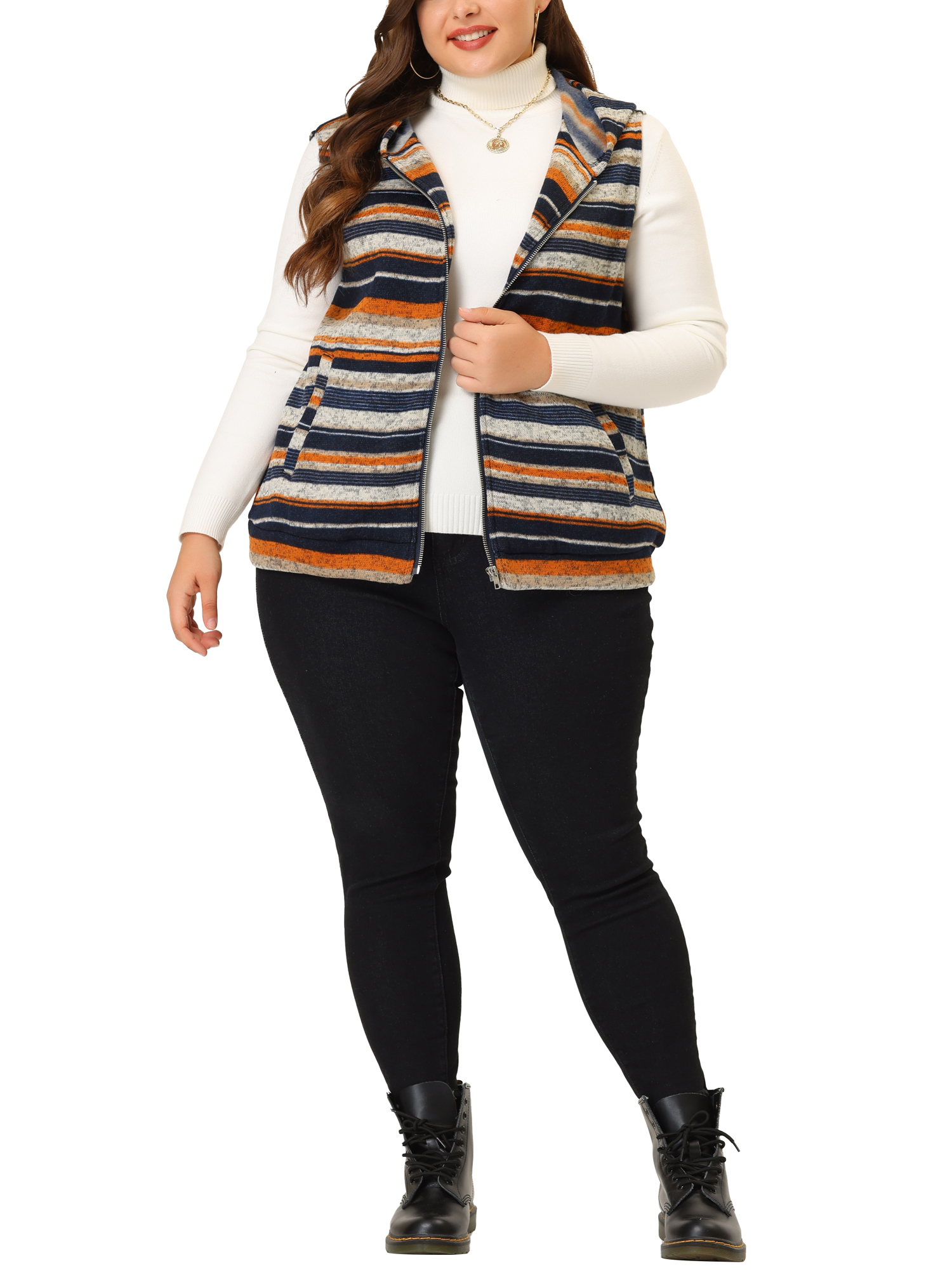 Unique Bargains Women's Plus Size Pullover Zip Up Sleeveless Knit Boho Vest Hoodie