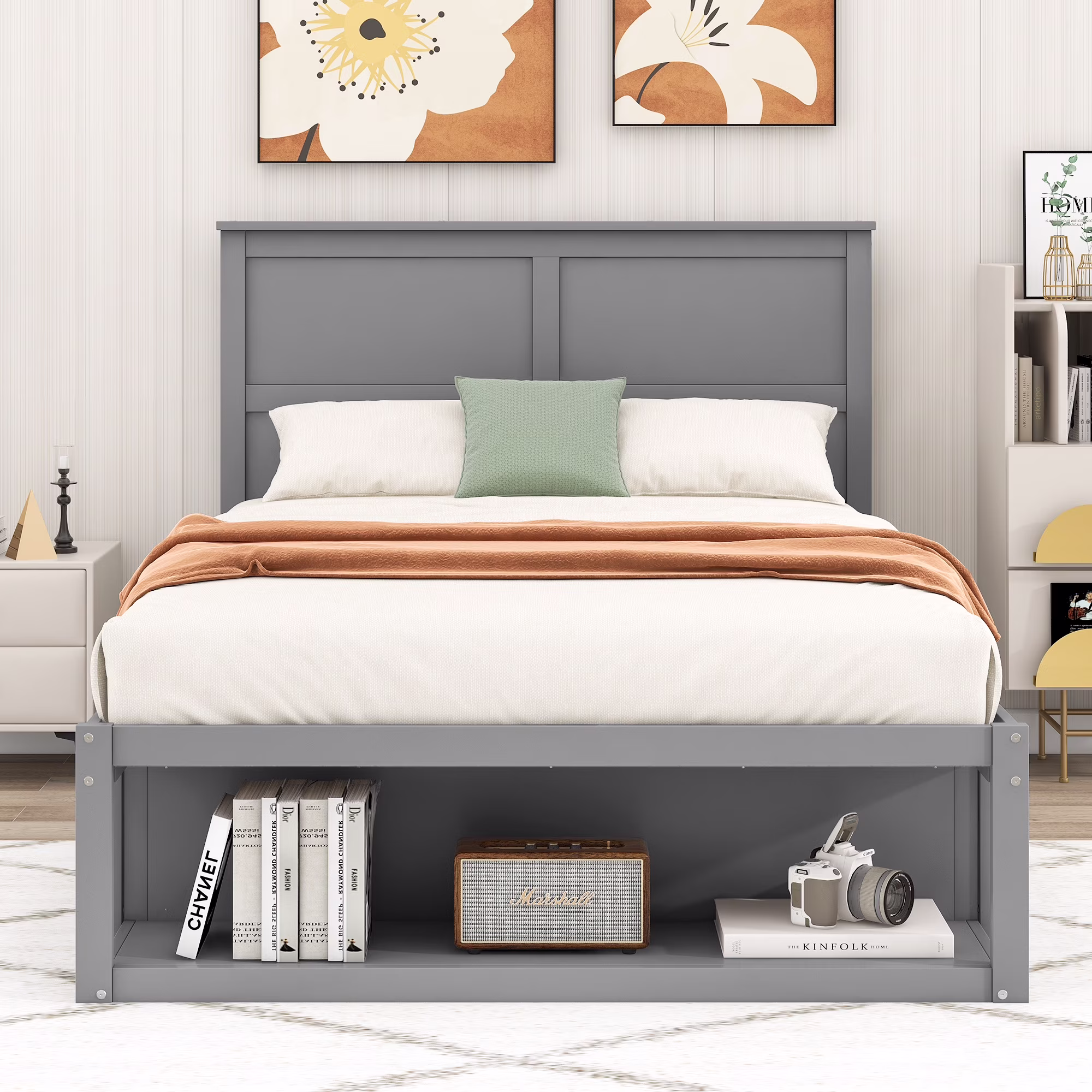 Full Size Bed Frame Wooden Platform Bed with Drawer on the Each Side and Shelf on the End of the Bed/No Box Spring Needed/Noise Free (Gray)