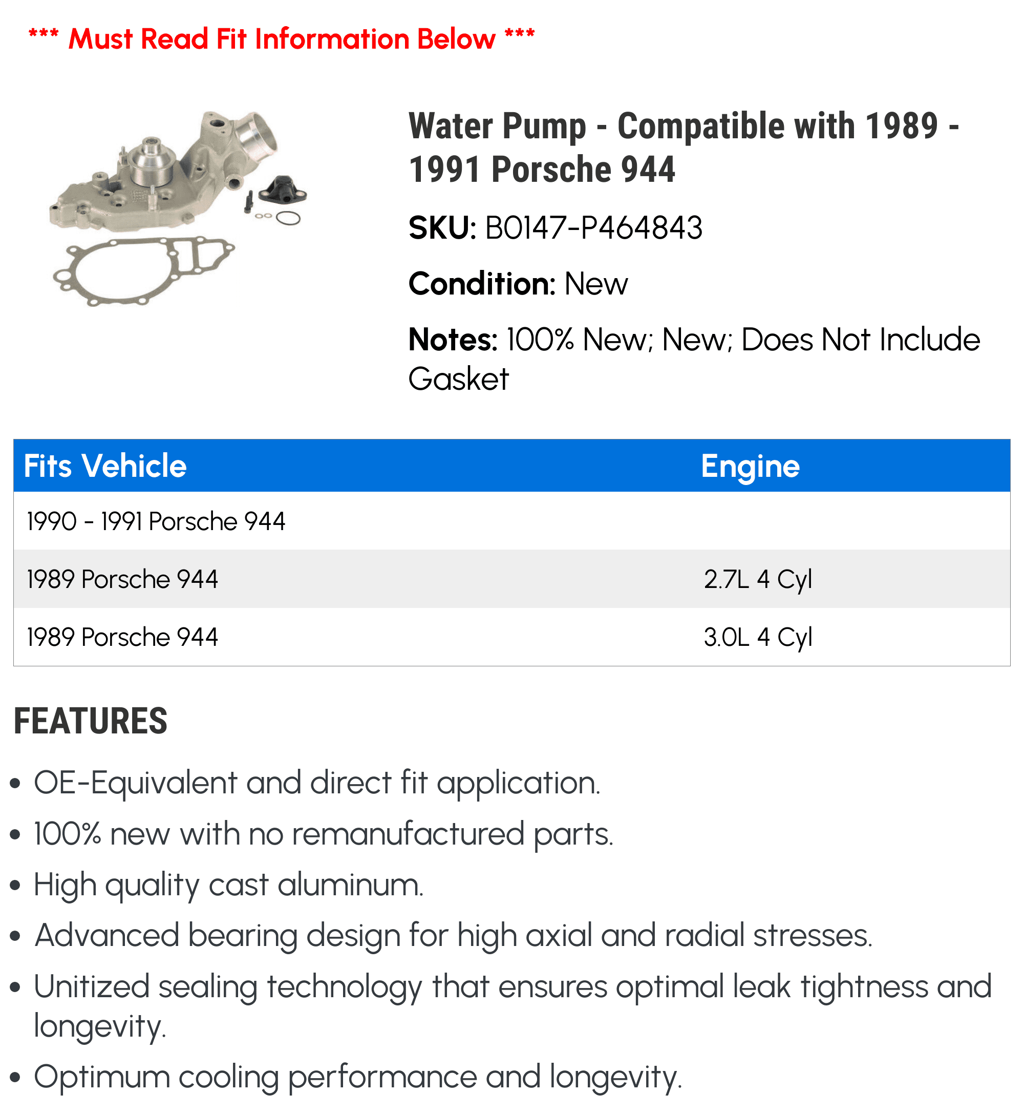 Water Pump - Compatible with 1989 - 1991 Porsche 944 1990