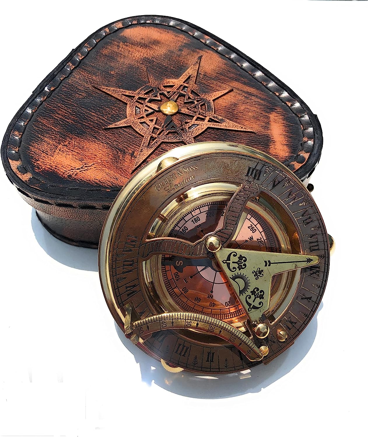 Handmade Brass Sundial Compass- Pocket Sundial -Brass Antiques West London -Beautiful Gift Item (Sundial W/case Design 2)