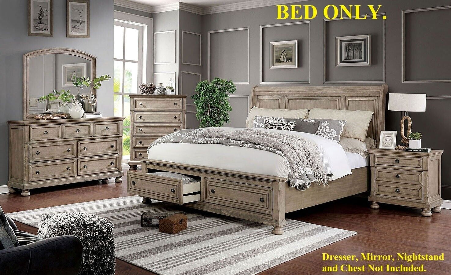 1pc Queen Size Bed Transitional Style Solid wood Gray Footboard Storage Drawers Bedroom Furniture Sleigh Back Headboard