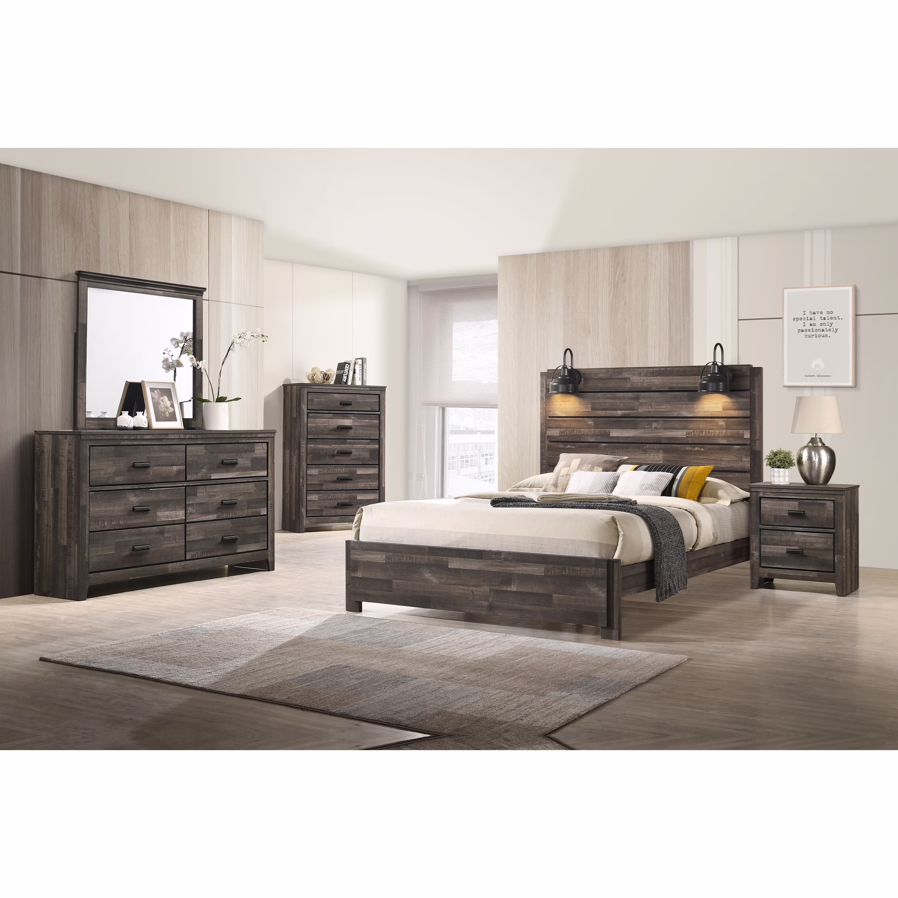 Rustic Brown Finish King Size 6Pc Built in Light Platform Bed Set Wooden Bedroom Furniture HS Brand