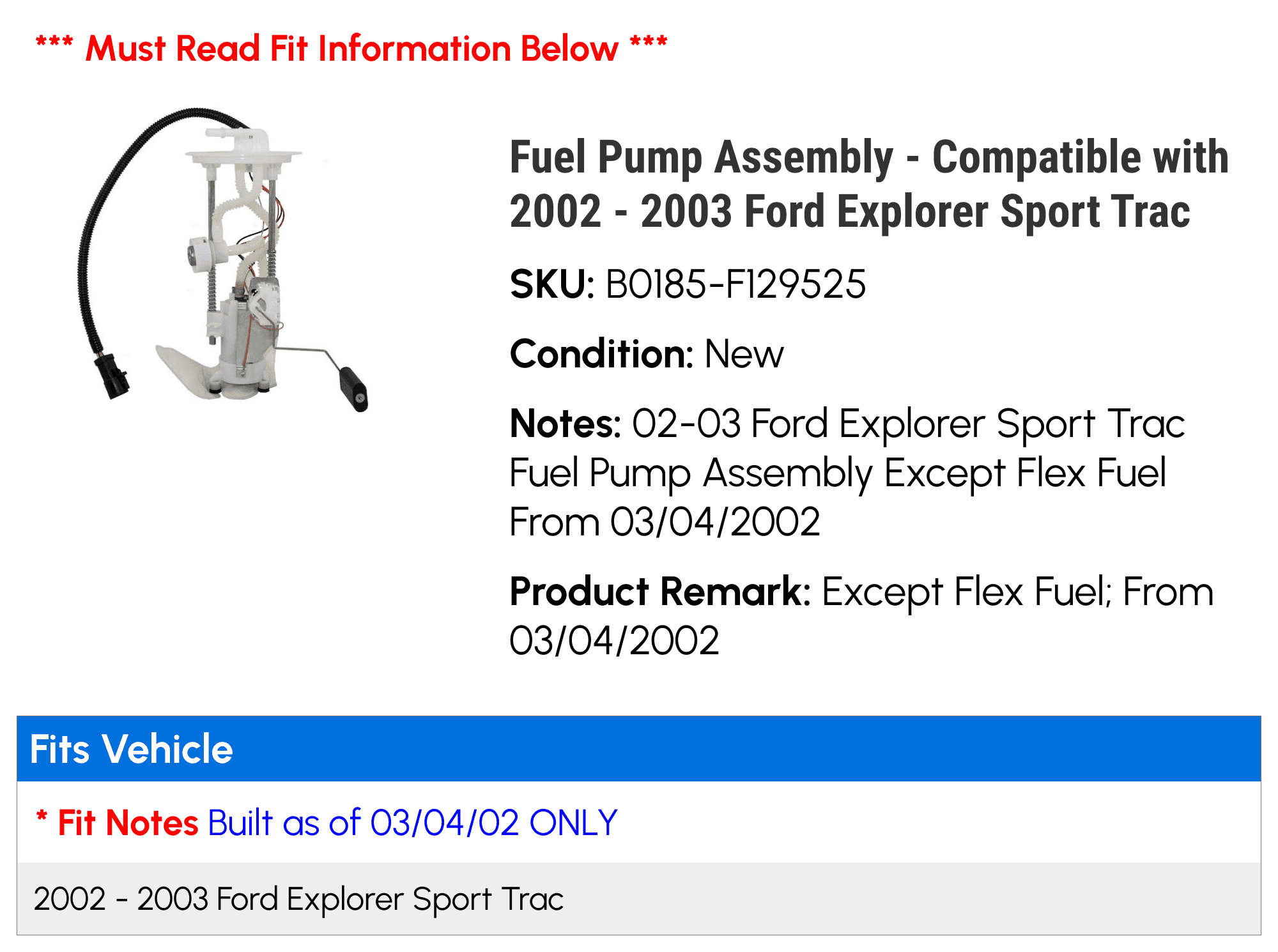Fuel Pump Assembly - Compatible with 2002 - 2003 Ford Explorer Sport Trac