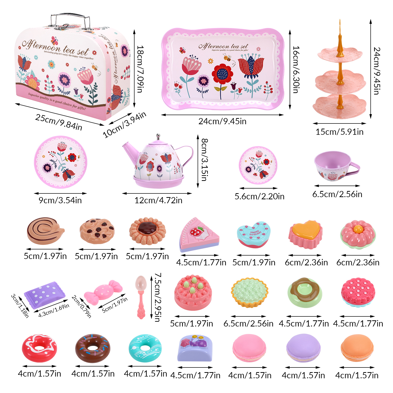 sixwipe 48 Pcs Tea Set for Little Girls, Princess Toys Playset, Teapot Dishes Food Sweet Treats Dessert & Carrying Case, Kitchen Pretend Play Tin Tea Party Set, Tea Set Birthday Gift Toys for 3-8 Year Old Girls(Flower Desgin)