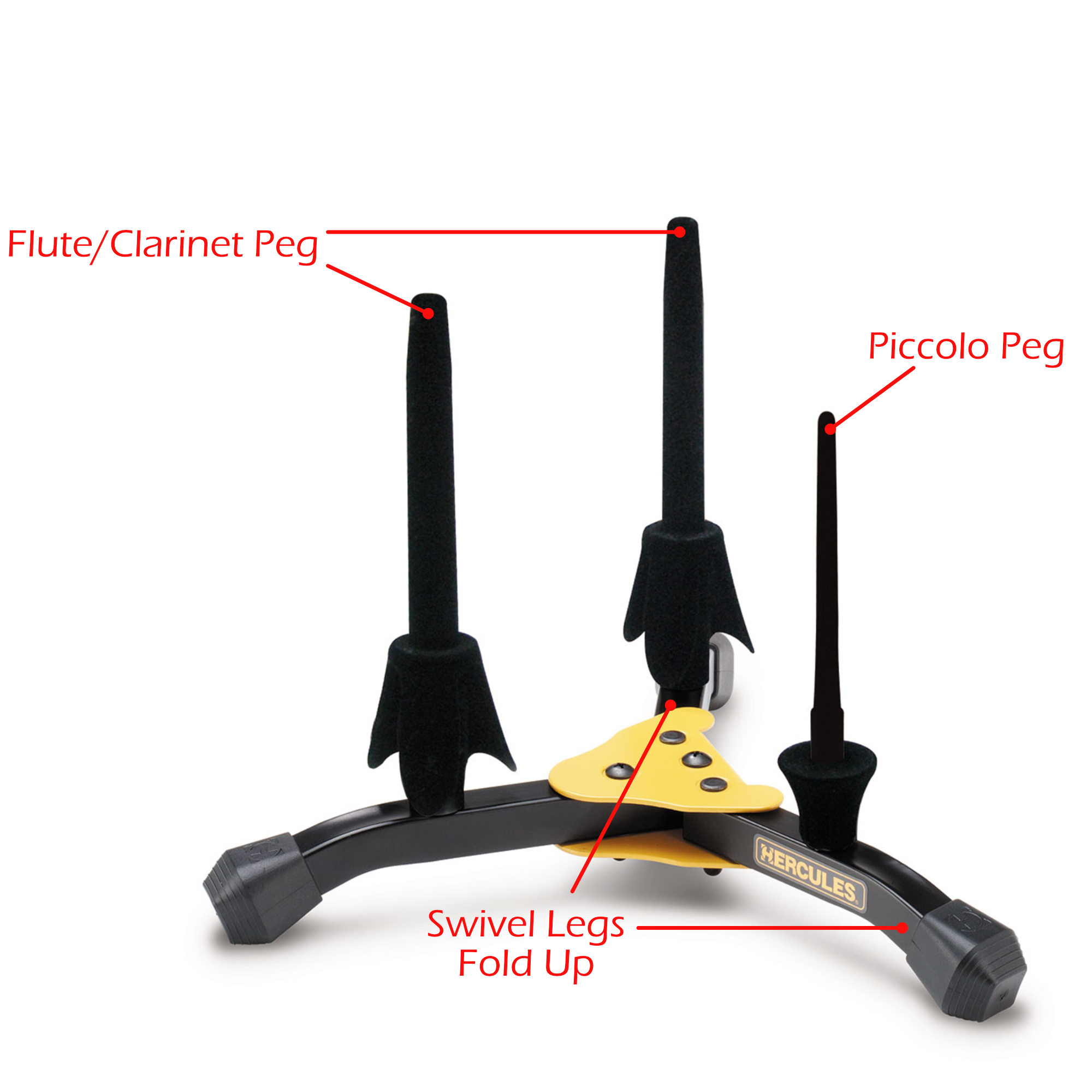 Hercules Flute/Clarinet Stand and Piccolo Stand with Carrying Bag, DS543BB, Folding Flute Stand with Two Clarinet/Flute Pegs & One Piccolo Peg, with a Cleaning Cloth