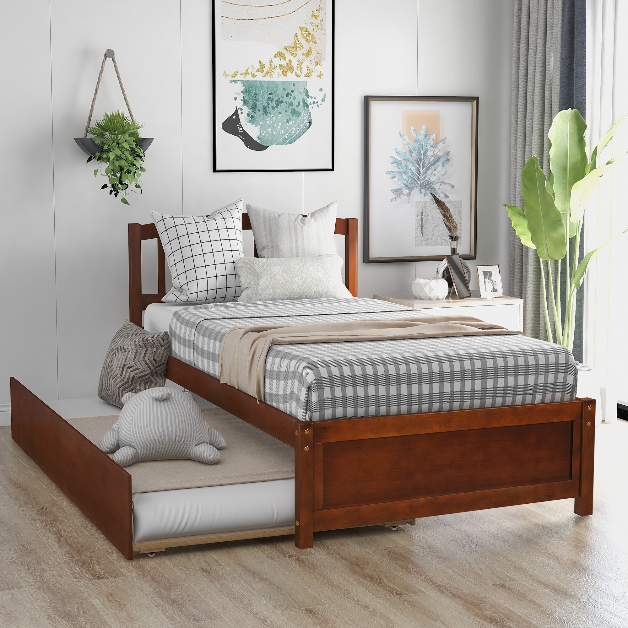 Walnut Elegant Design Twin Size Platform Bed Wood Bed Frame with Trundle Maximize Space Savings, No Box Spring Required