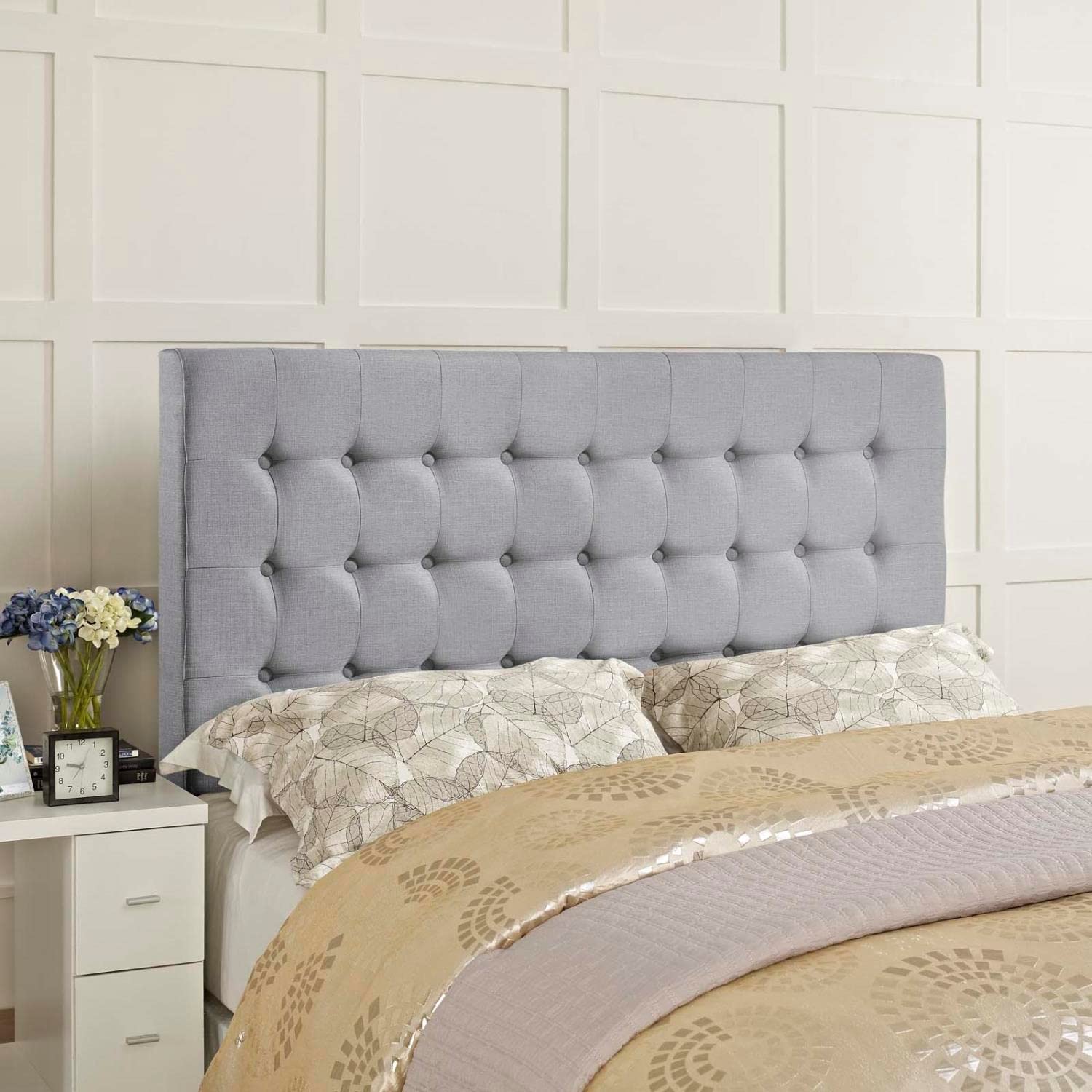 Tinble Tufted Button Linen Fabric Upholstered Queen Headboard In Gray