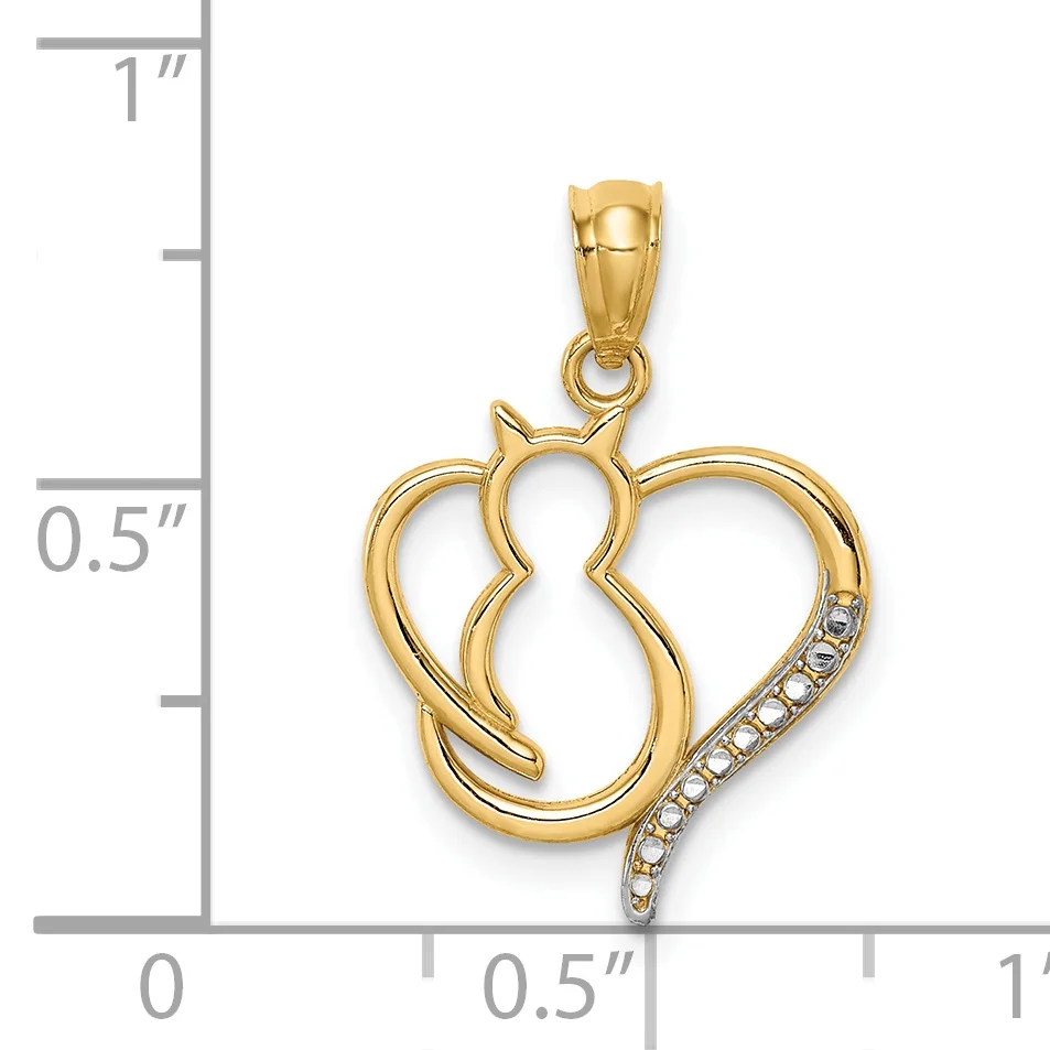 14K Two-Tone Gold Rhodium Sitting Cat In A Heart Pendant With 14K Yellow Gold Light Weight Rope Chain 18