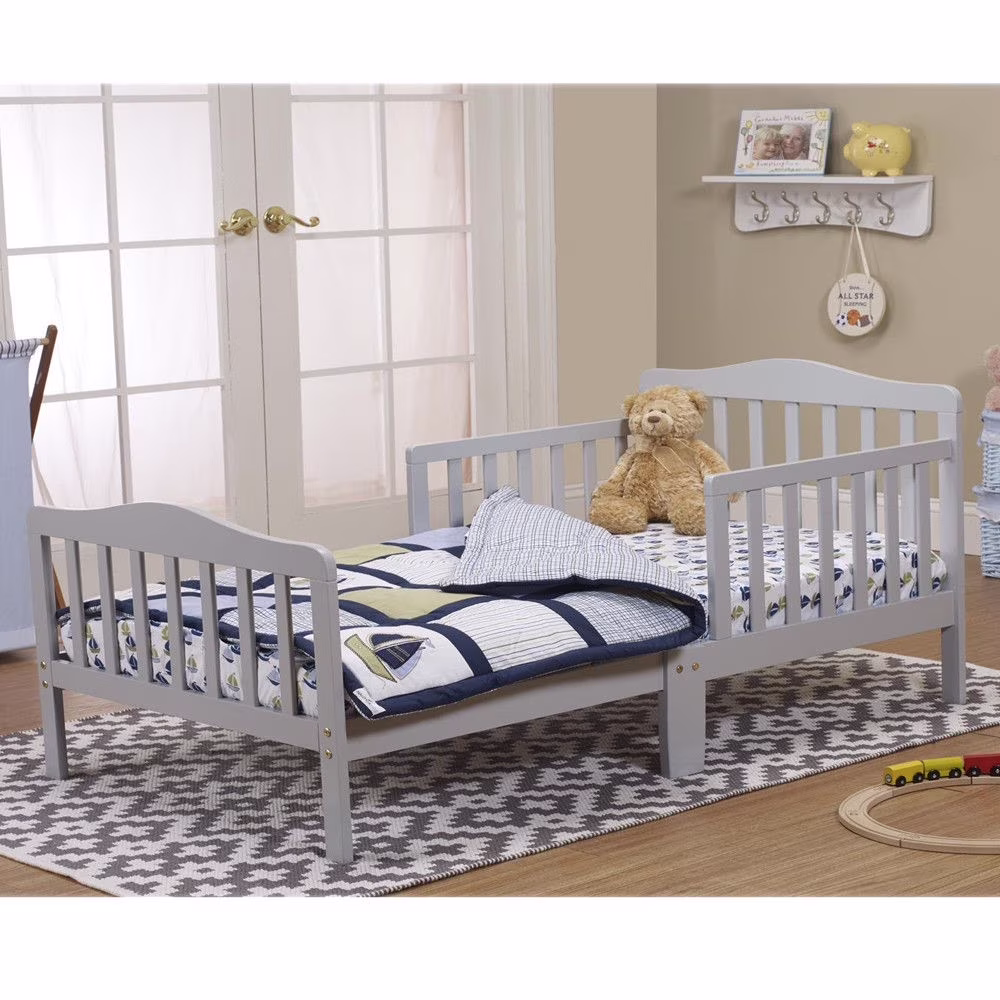 Zimtown Baby Toddler Bed Frame  Bed Platform for Kids Children Wood Bedroom Furniture, Safety Rails,Gray