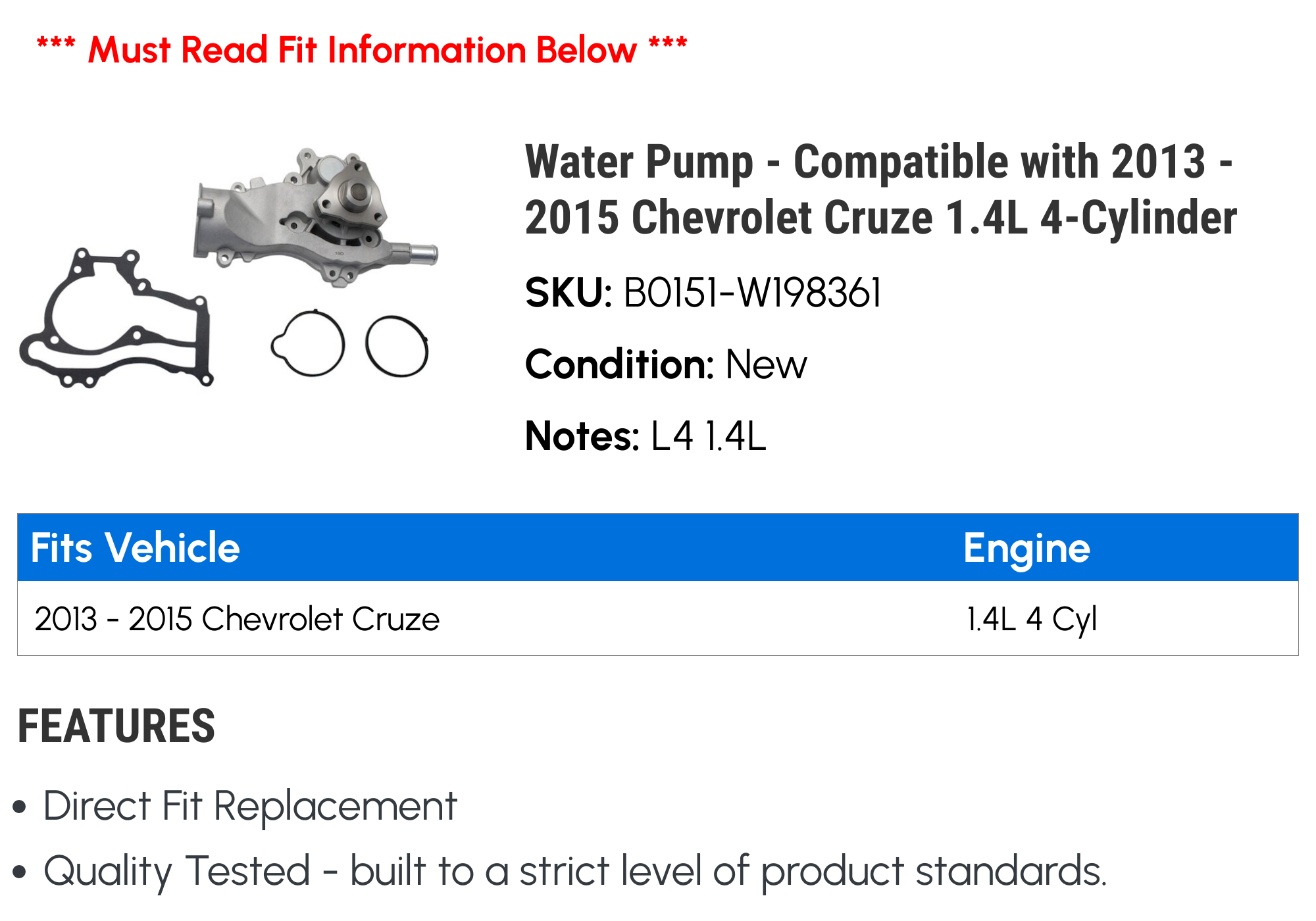 Water Pump - Compatible with 2013 - 2015 Chevy Cruze 1.4L 4-Cylinder 2014