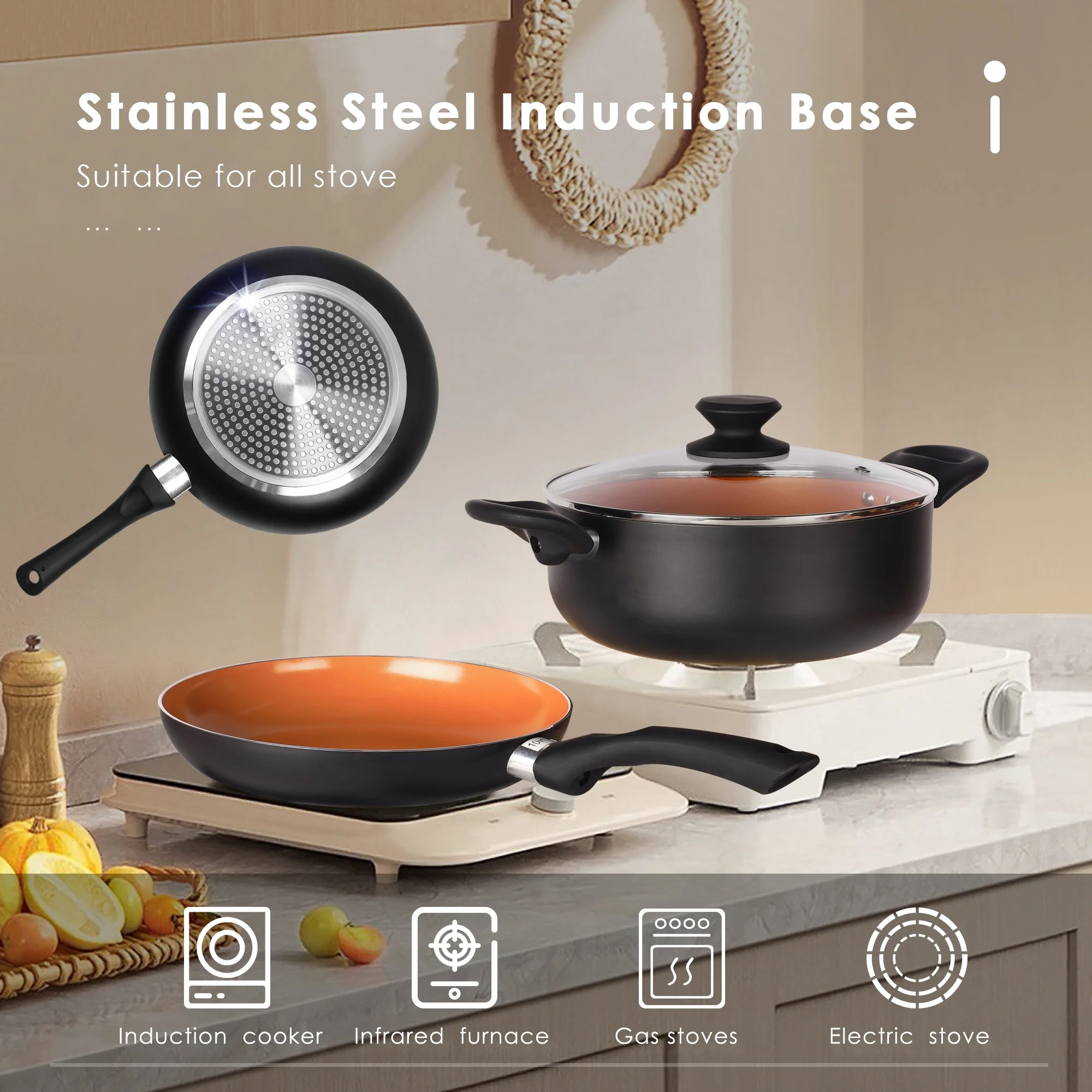 Scafild | 10-Piece Ceramic Nonstick Aluminum Cookware Set - Black & Copper