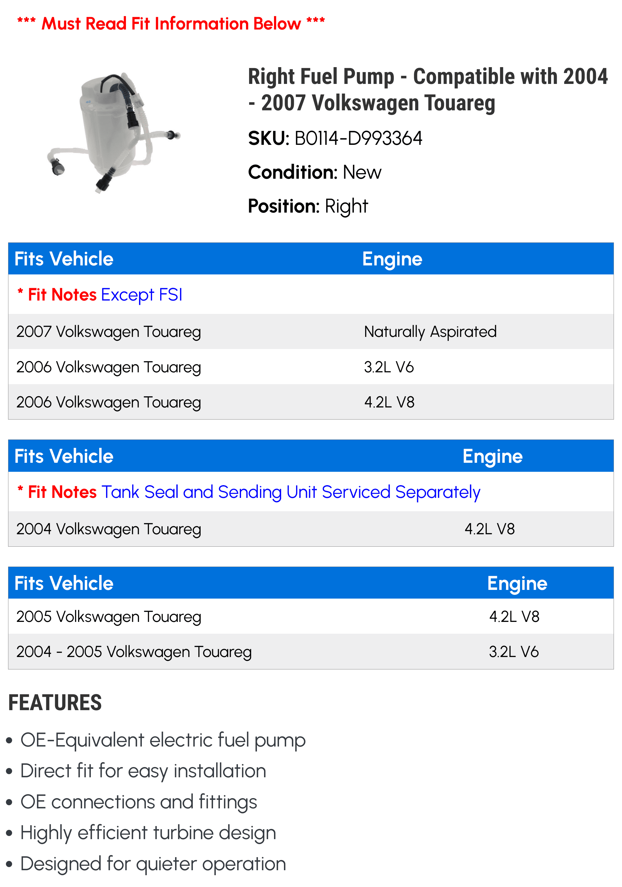 Right Fuel Pump - Compatible with 2004 - 2007 Volkswagen Touareg 2005 2006