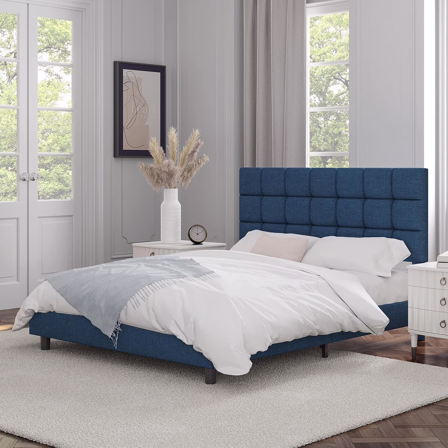 Queen Size Upholstered Platform Bed Frame With Mattress Foundation/Height Adjustable Tufted Headboard/Wood Slat Support/No Box Spring Needed, Easy Assembly, Navy Blue