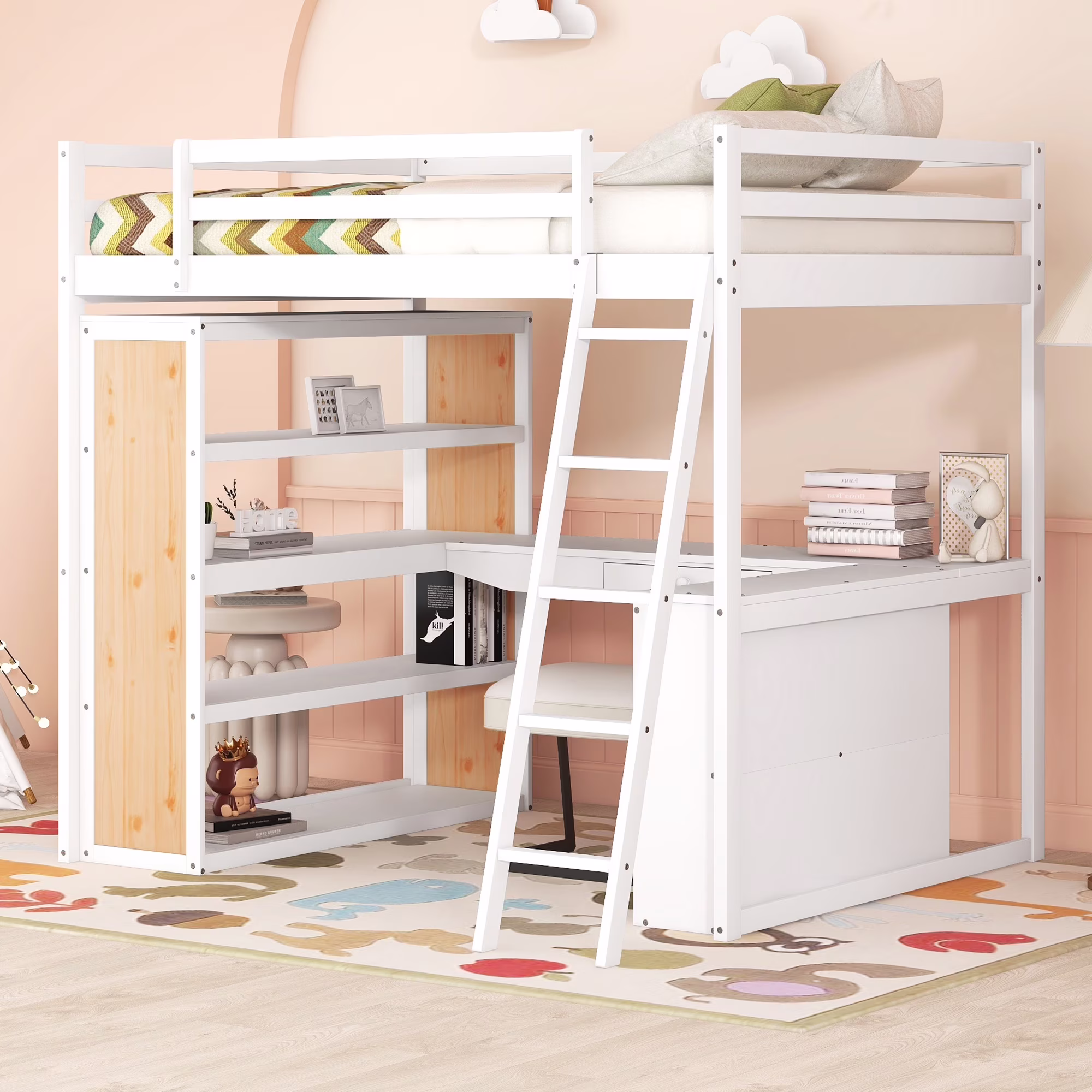 GUTALOR Full Size Loft Bed with Ladder, Shelves, and Desk - White Metal Loft Bed for Space-Saving and Study Area