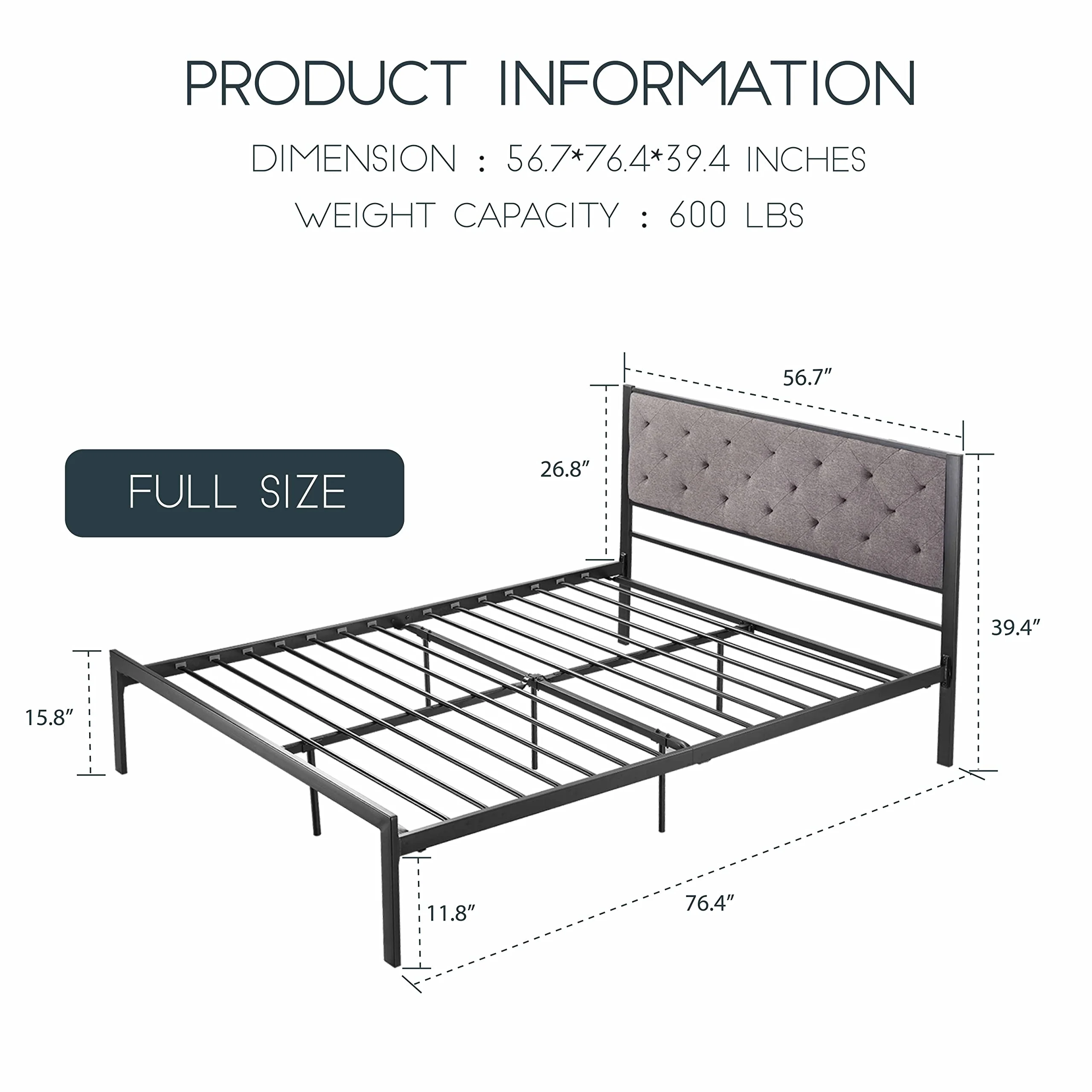 Einfach Full Size Platform Bed Frame with Button Tufted Headboard, Grey