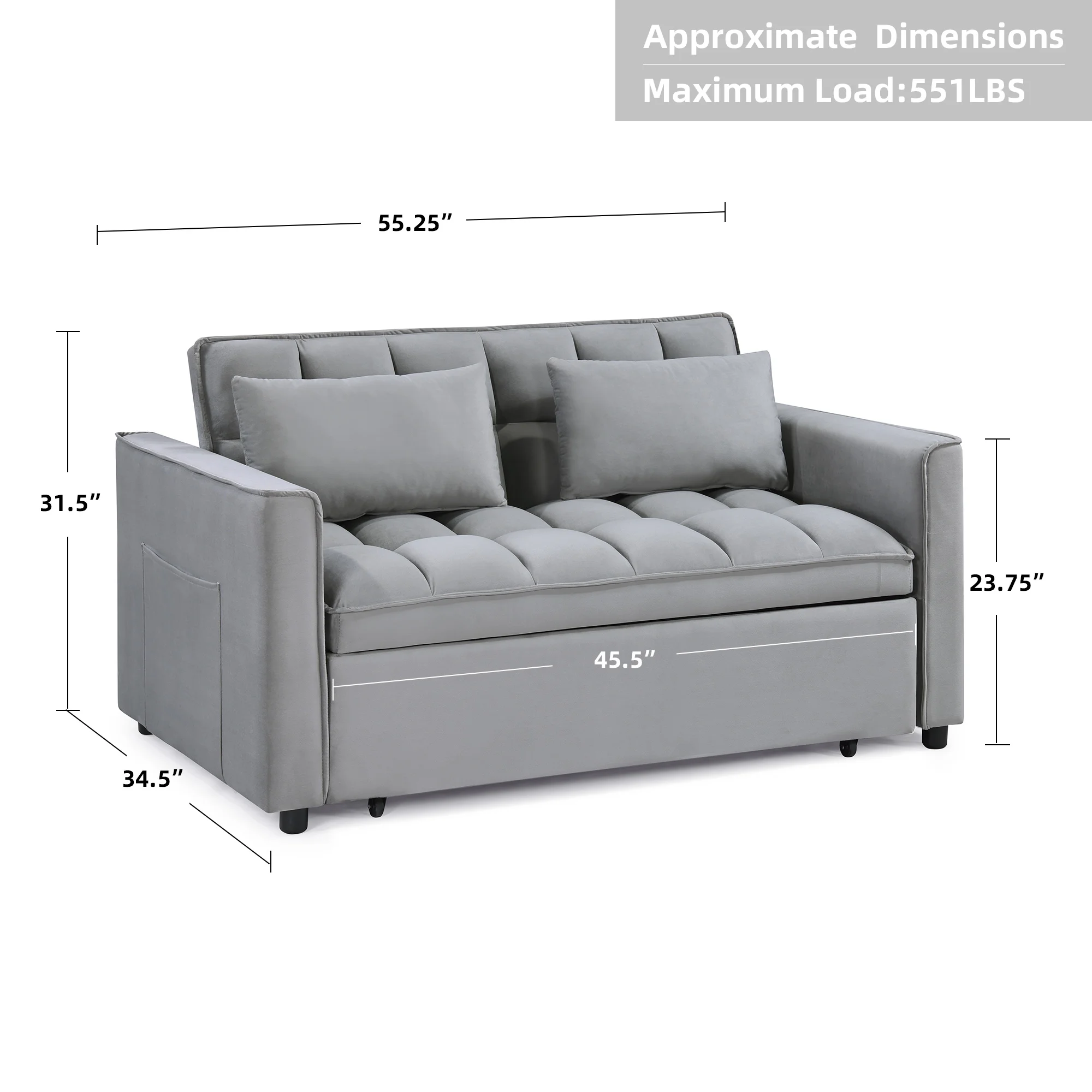 Duhome Sleeper Sofa Bed 3 in 1 Tufted Convertible Couch Bed Pull Out Velvet Loveseat with Reclining Adjustable OSS Pillows and Pockets,Grey