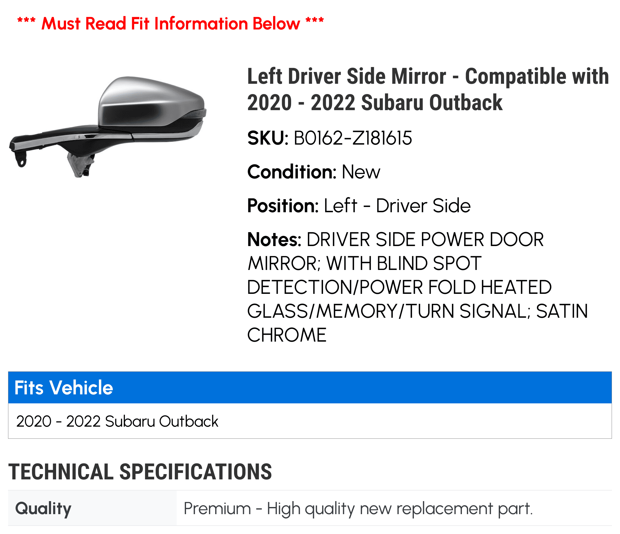 Left Driver Side Mirror - Compatible with 2020 - 2022 Subaru Outback 2021