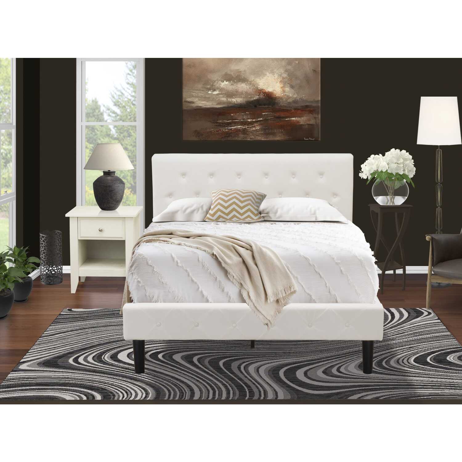 East West Furniture Nolan 2 Pieces Wooden Full Bedroom Set in White/Butter Cream