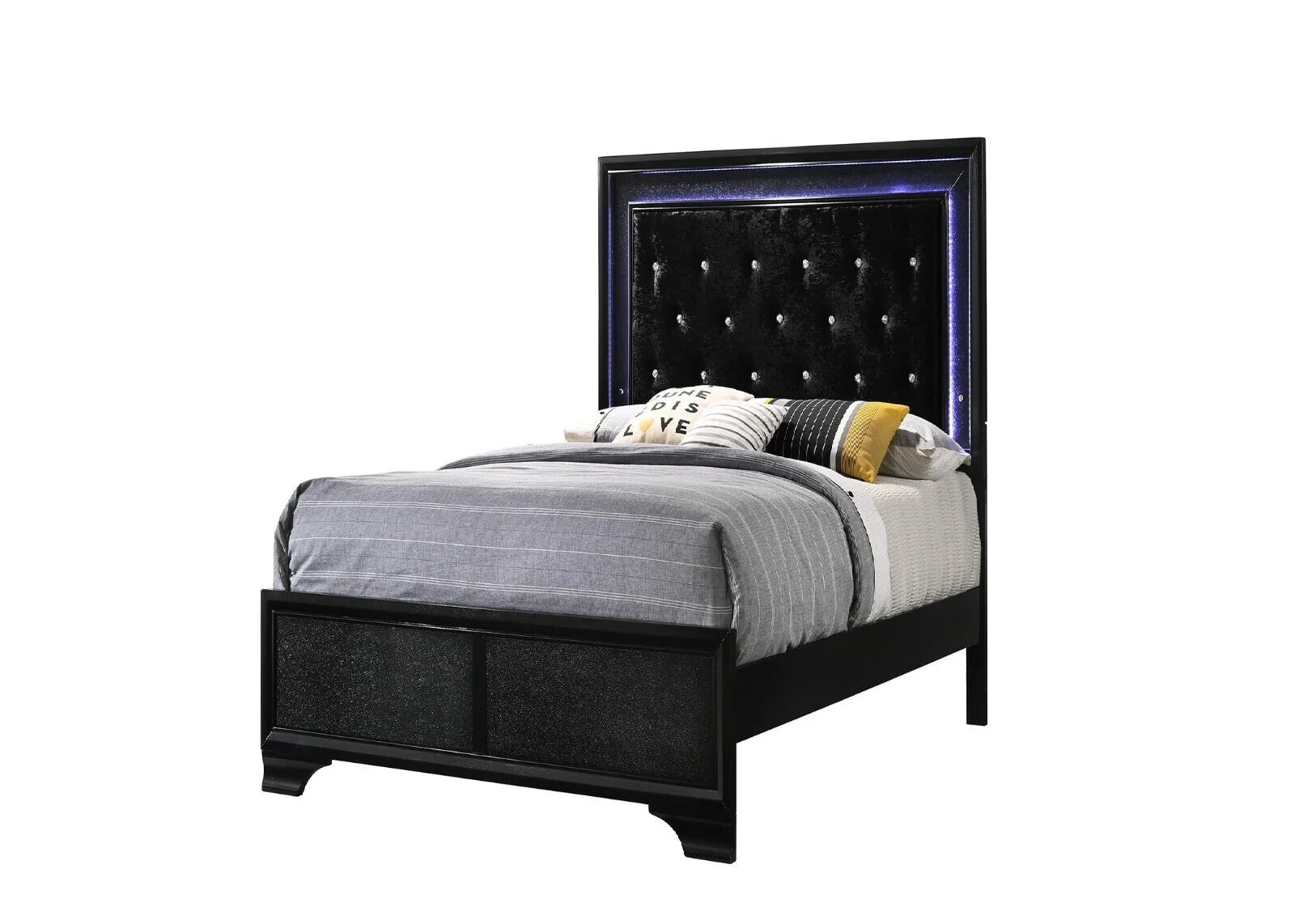 Modern 3pc Twin Size Upholstered LED Backlit HB Black Bed Chest Nightstand Set Bedroom Furniture
