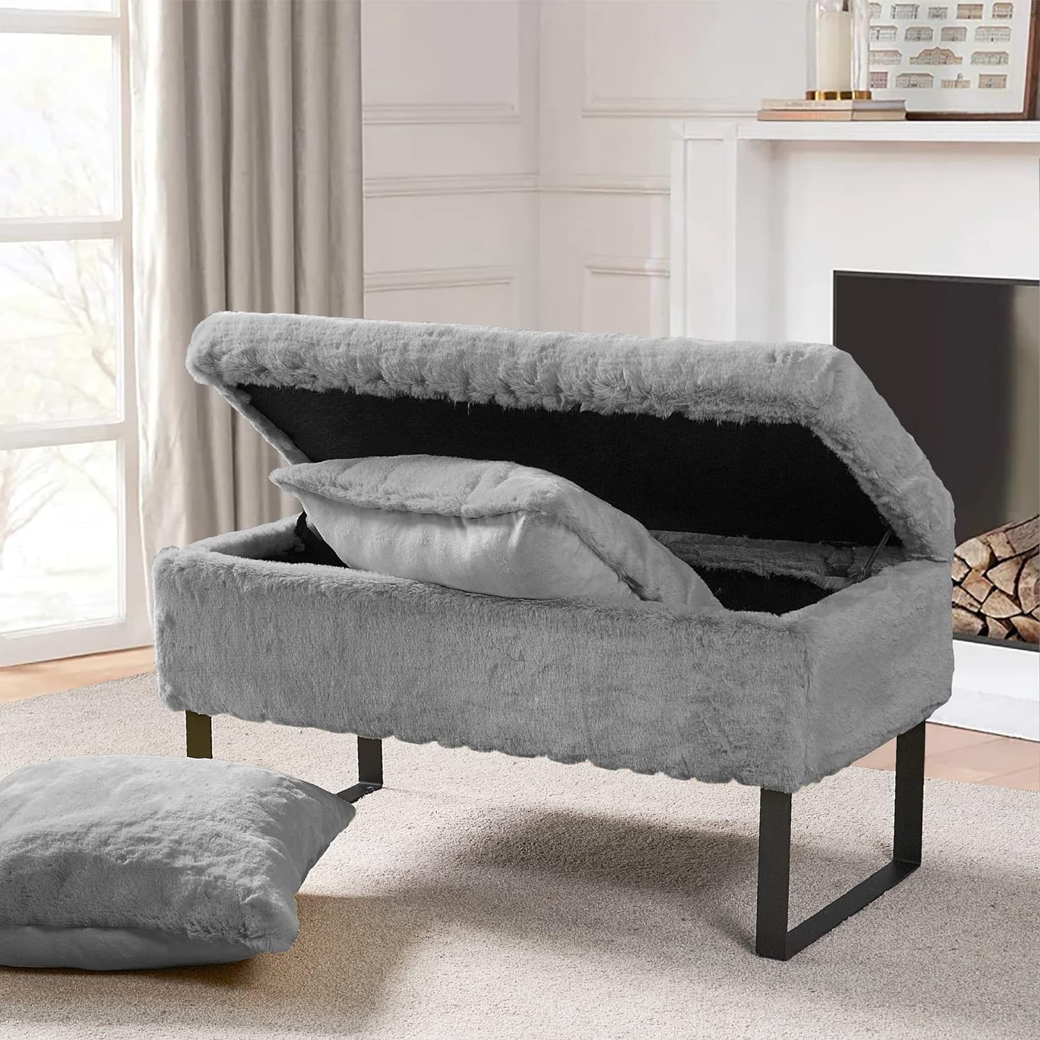 Heavy Faux Fur Storage Ottoman, 36'' X 18'' X 19''H / 20'' X 20'' Pillow Set, Silver, Foot Rest Stool Ottoman Living Room Bedroom End Of Bed Makeup Entryway Bench With Throw Pillow