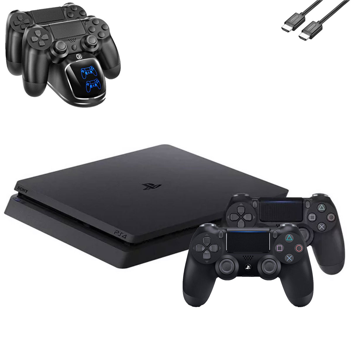 Sony 2215B PlayStation 4 Slim 1TB Gaming Console Black with Charging Dock HDMI Cable 2 Controller Bolt Axtion Like New