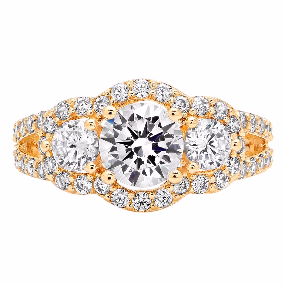2.16 ct Brilliant Round Cut Genuine Cultured Diamond SI1-SI2 G-H 18K Yellow Gold Three-Stone Promise Wedding Statement Engagement Designer Ring size 3.5