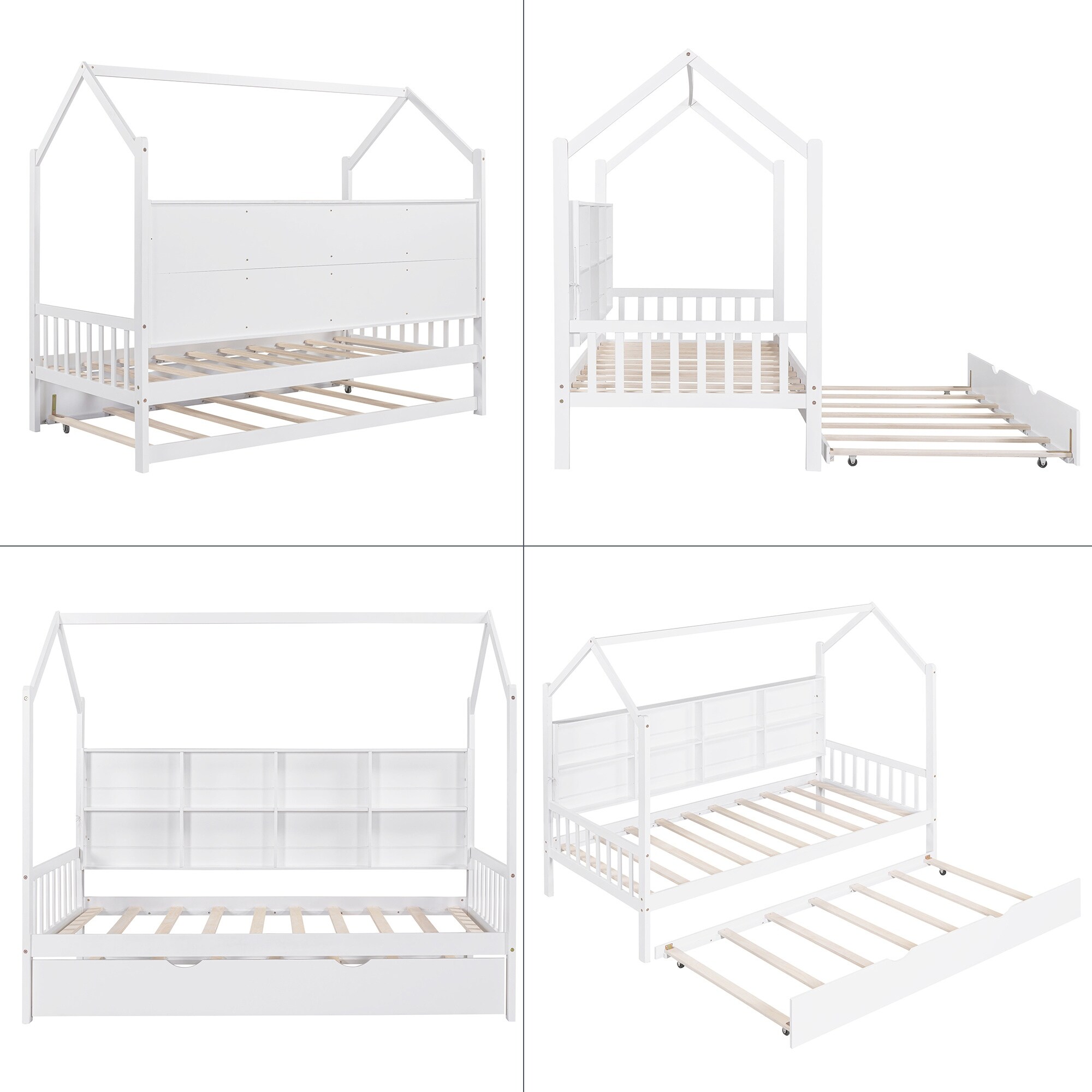YJTONWIN Wooden Twin Size House Bed with Trundle Kids Bed with Shelf White