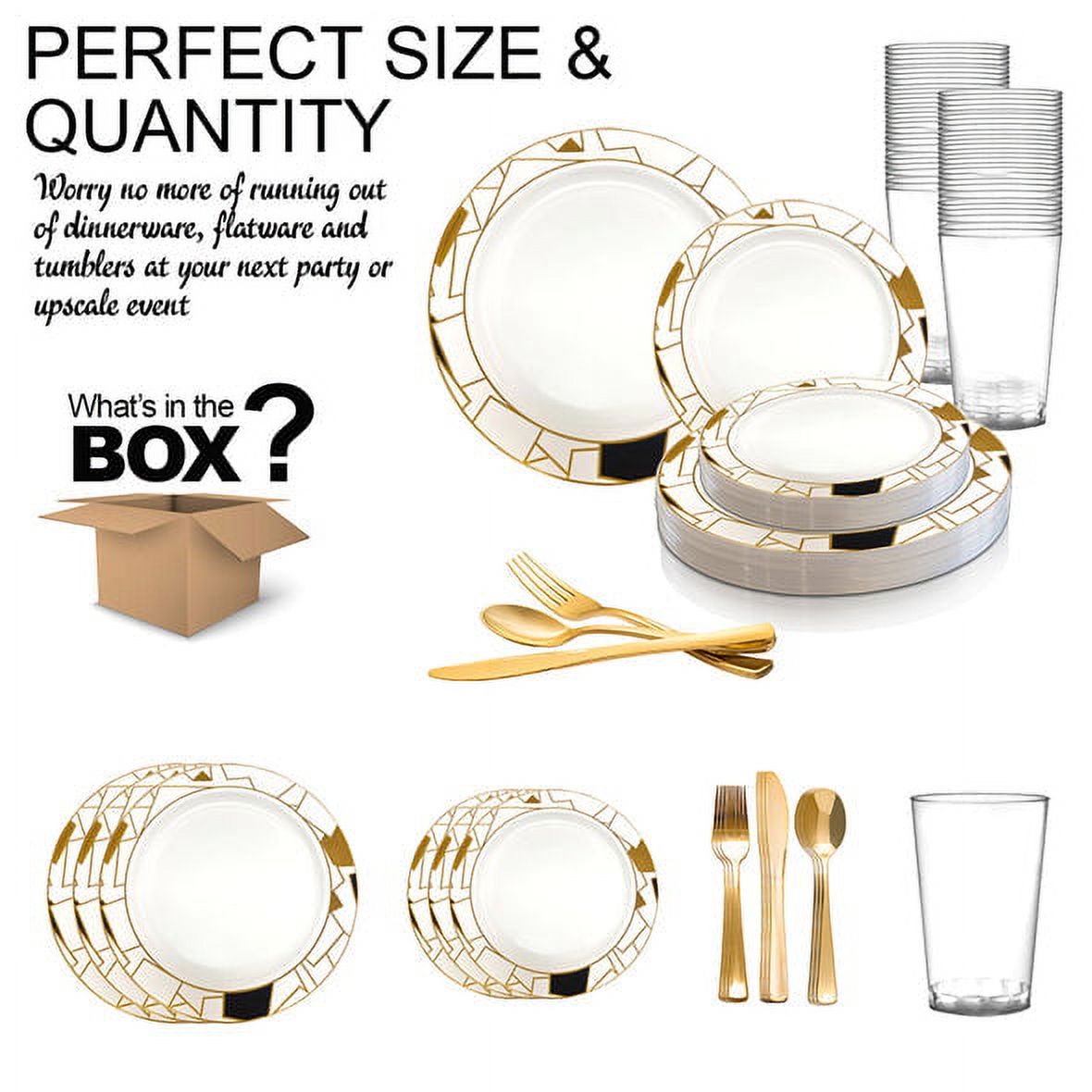 Samrty White with Black and Gold Abstract Squares Pattern Round Disposable Plastic Wedding Value Set, 720 ct