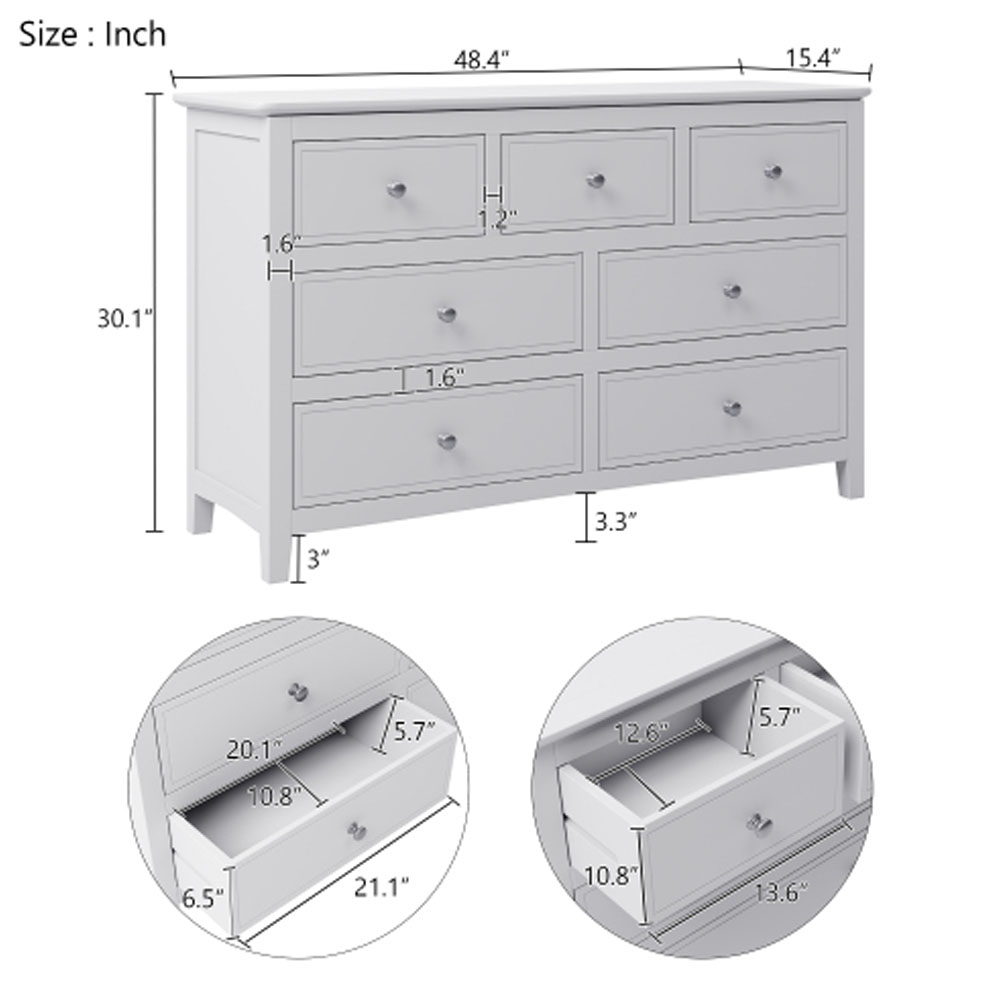 7 Drawers Solid Wood Dresser in White