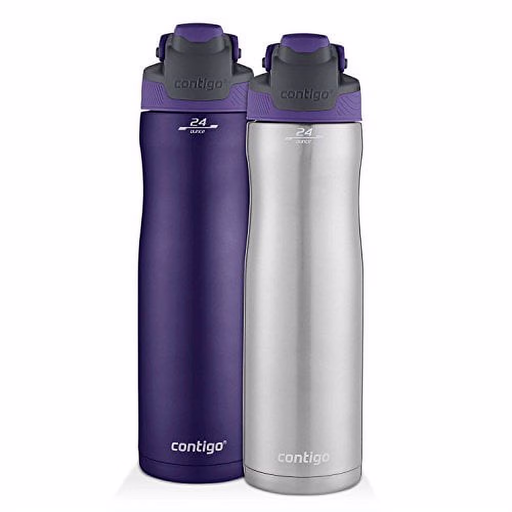 Contigo Autoseal Chill Stainless Steel Water Bottles, 24 Oz, SS/Grapevine & Grapevine, 2-Pack Grapevine Lid/Grapevine 24oz Bottle