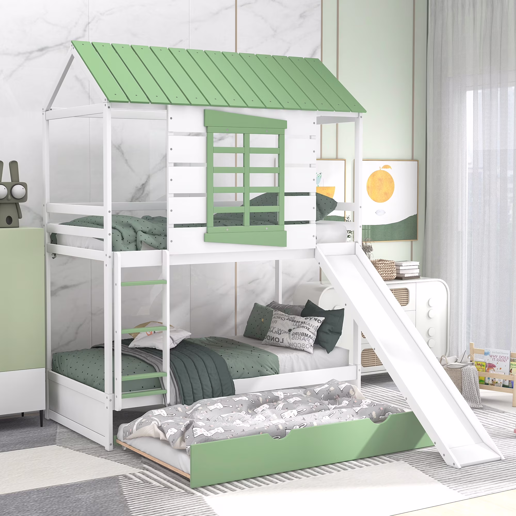 Churanty Twin over Twin Size House Bunk Bed with Convertible Slide and Trundle for Kids, White+Green