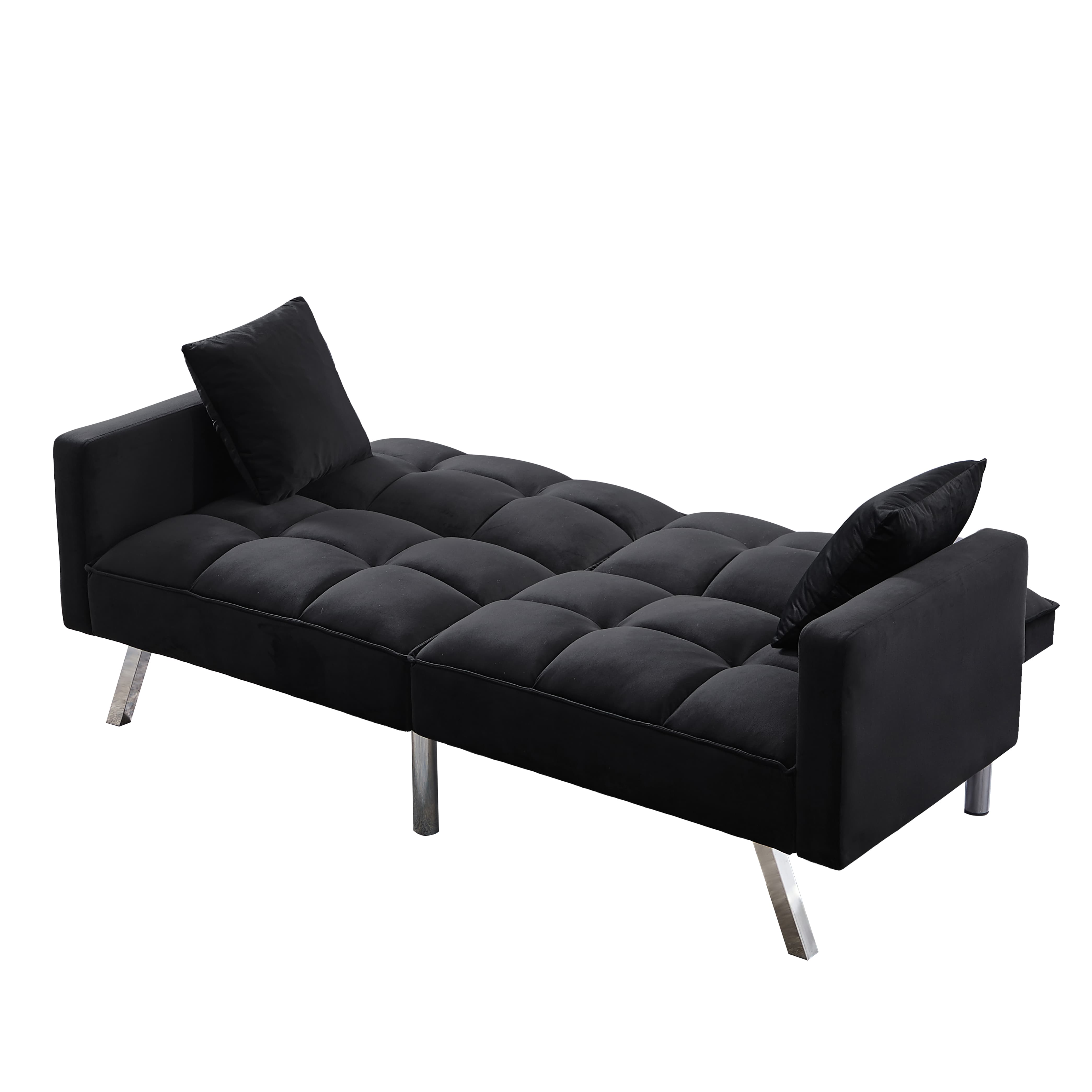 BSHTI Modern Velvet Futon Sofa Bed,Upholstered Tufted Convertible Sofa Sleeper with 2 Pillow(Black)