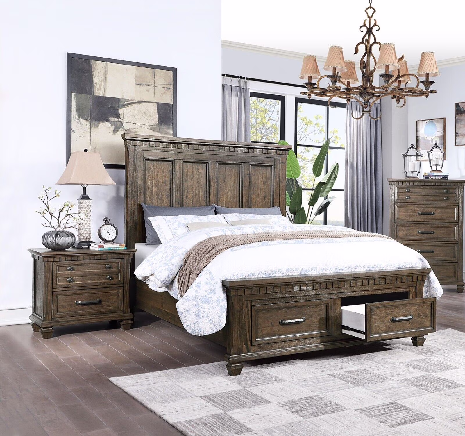 Eastern King Size Bed And 2x Nightstands 3pc Set Bedroom Furniture Storage Footboard Unique Design High HB Antique Finish