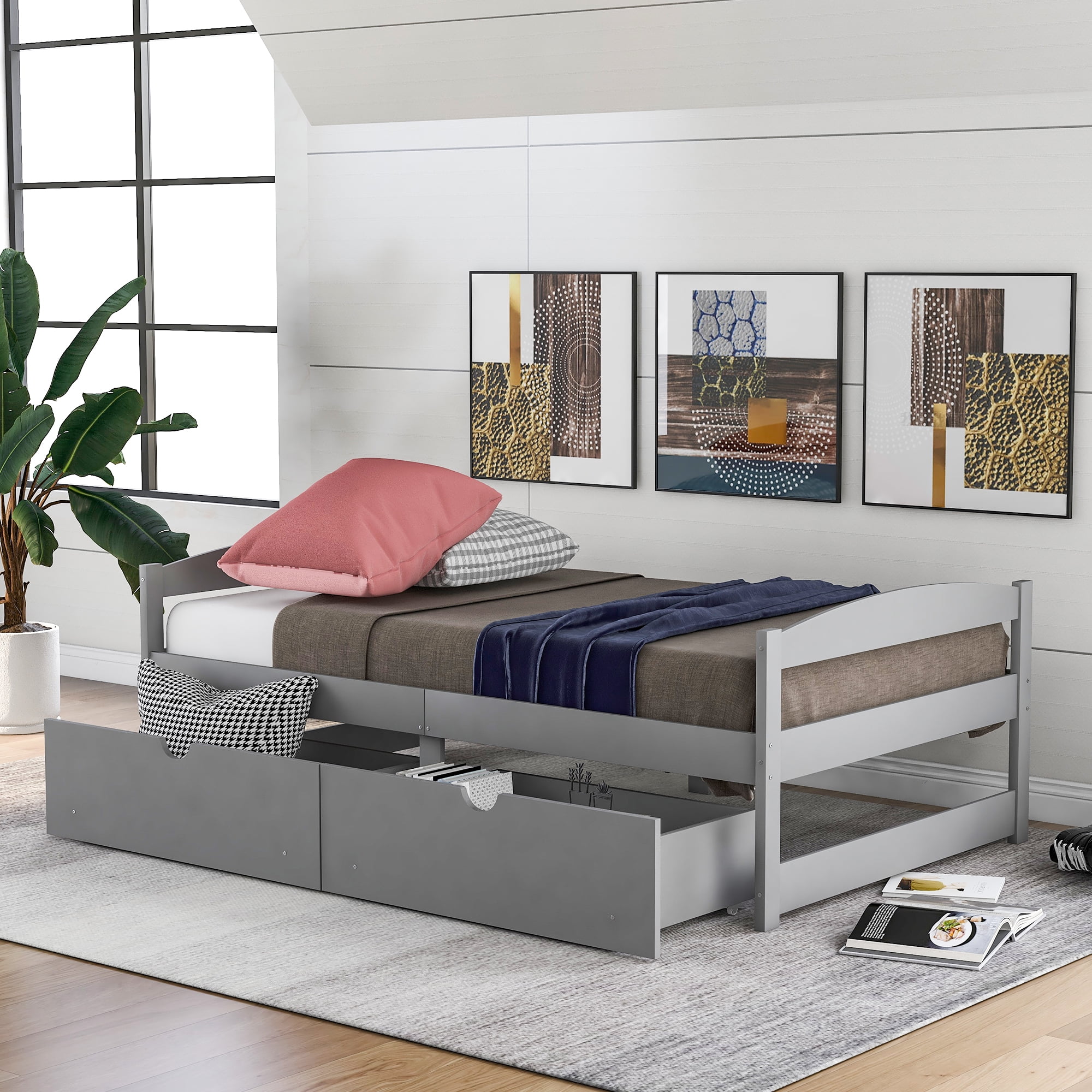 Double bed long bed with two drawers storage sofa bed with drawers for children's guests classic style double size frame platform bed grey