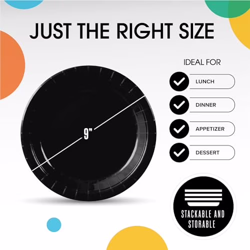 Exquisite Black Paper Plates 9 Inch 100 Count - Black 9 Inch Paper Plates - Bulk Paper Plates Black Disposable Plates - Great For Any Event - Disposable Cake Plates Paper Plate Black
