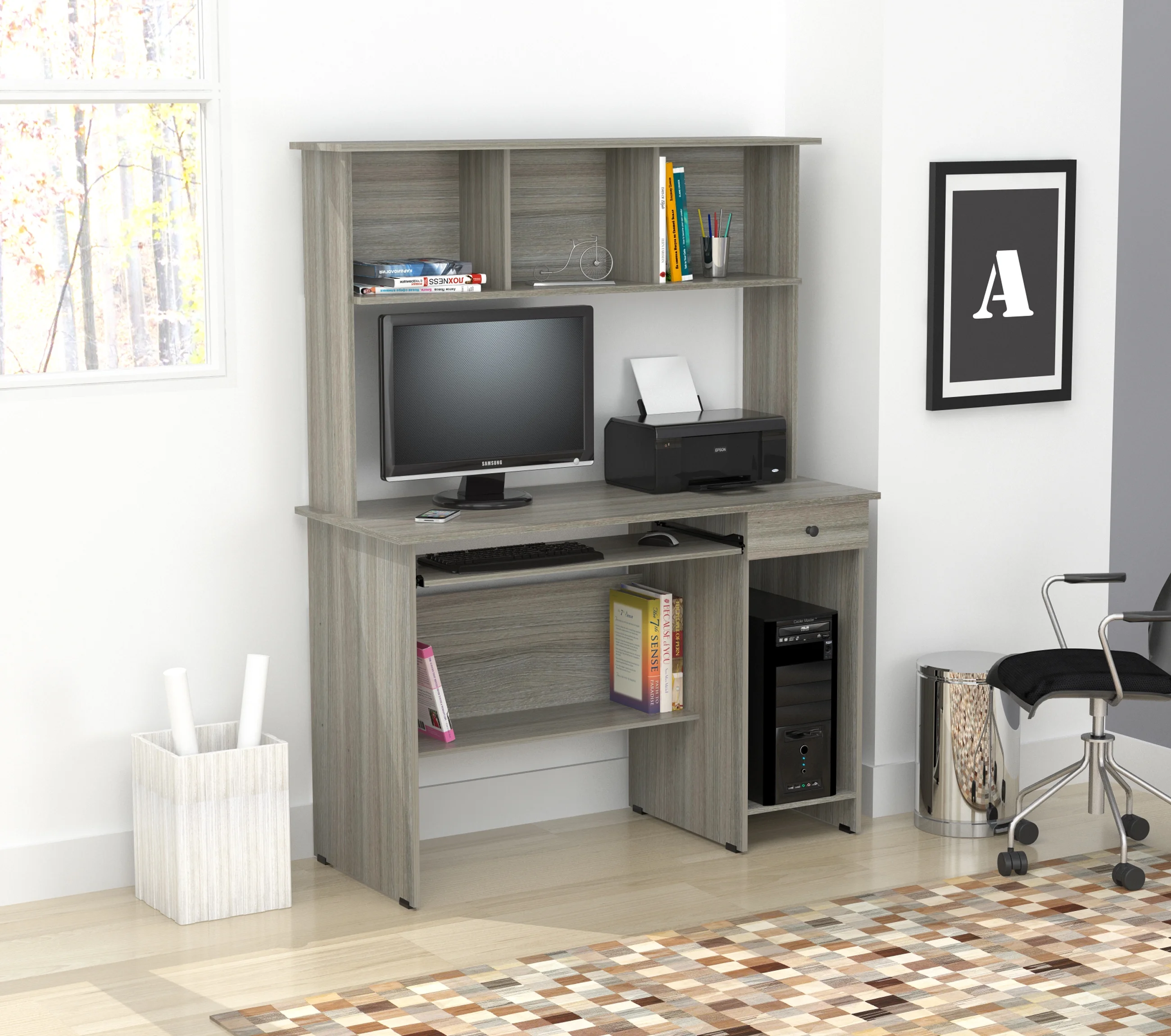 Inval Traditional Computer Desk and Hutch with Drawer, Multiple Colors