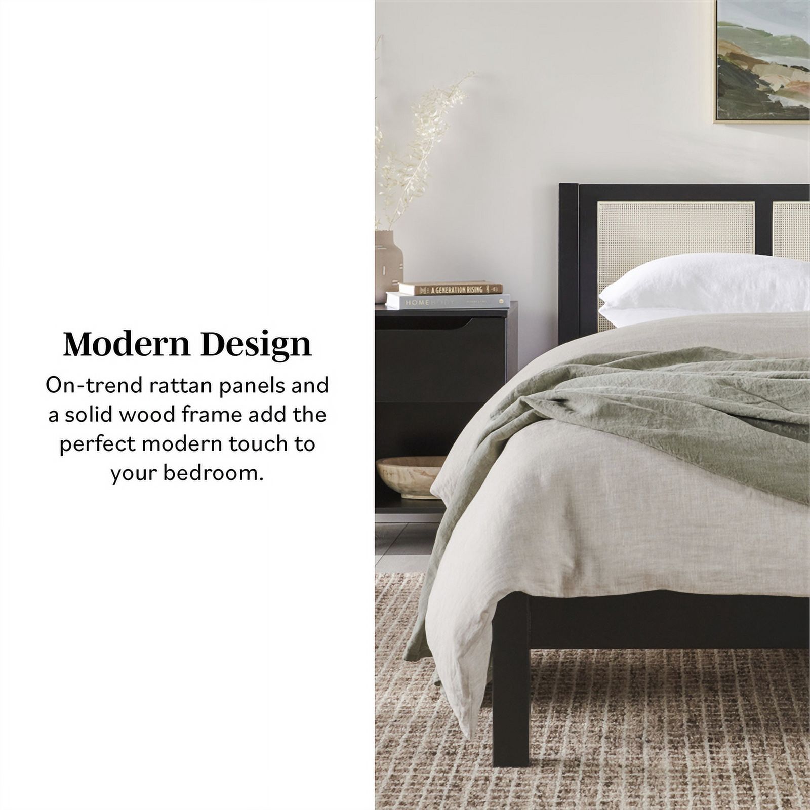 Pemberly Row Solid Wood Rattan Headboard Queen Bedframe - Black