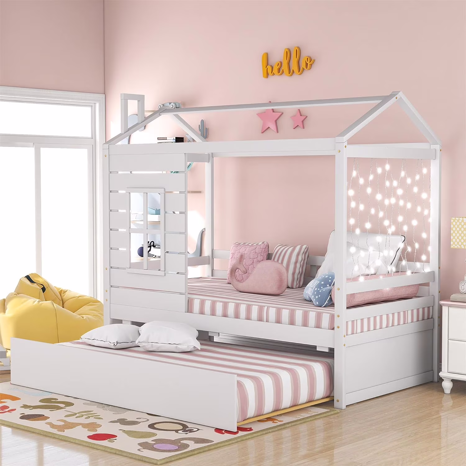 House Bed Wood Bed With Trundle, Bed With Trundle, For Kids Teens Girls Boys (White)