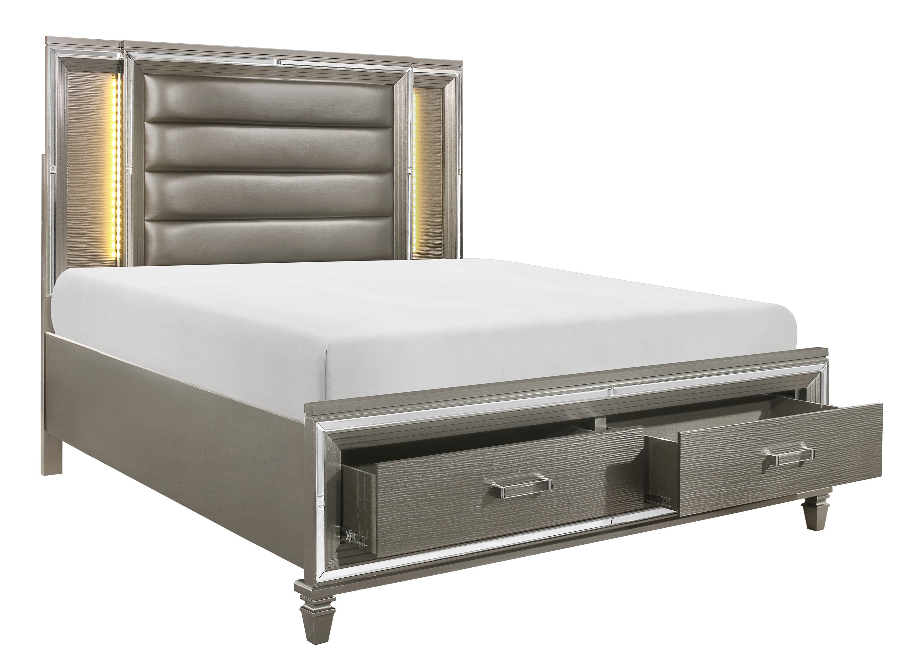 Glamorous Silver-Gray Finish Queen Size Platform Bed with Footboard Storage LED Headboard
