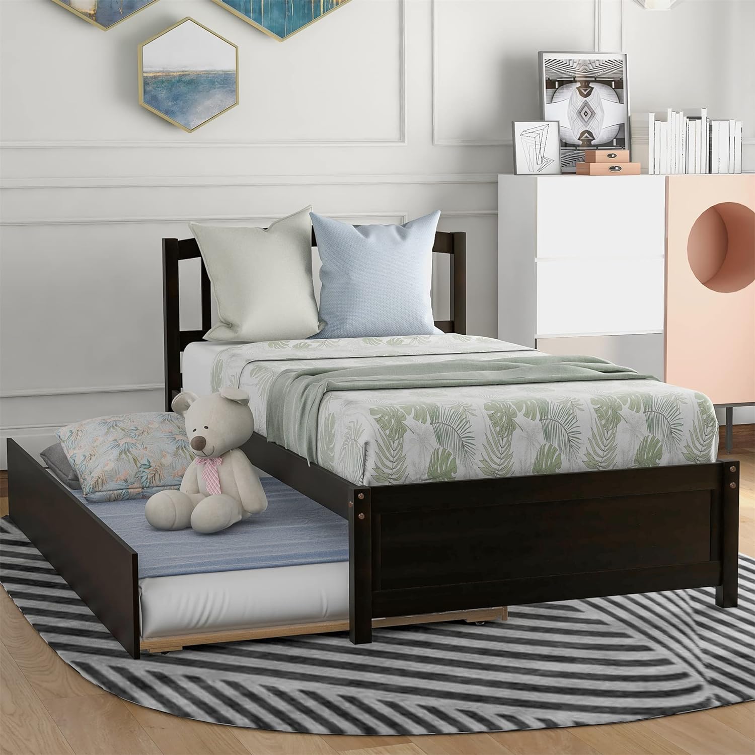 Bed With Trudle Bed, Wood Platform Bed With Headboard Ad Footboard Mattress Foudatio Strog Slat Support (, Espresso)