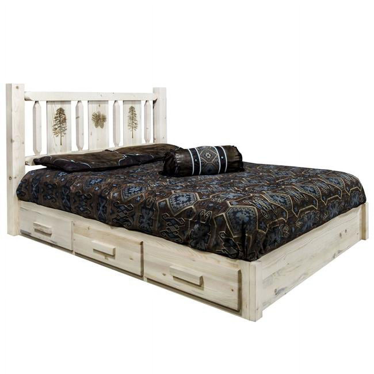 Homestead Collection Platform Bed with Storage, Full Size with Laser Engraved Pine Design, Ready to Finish
