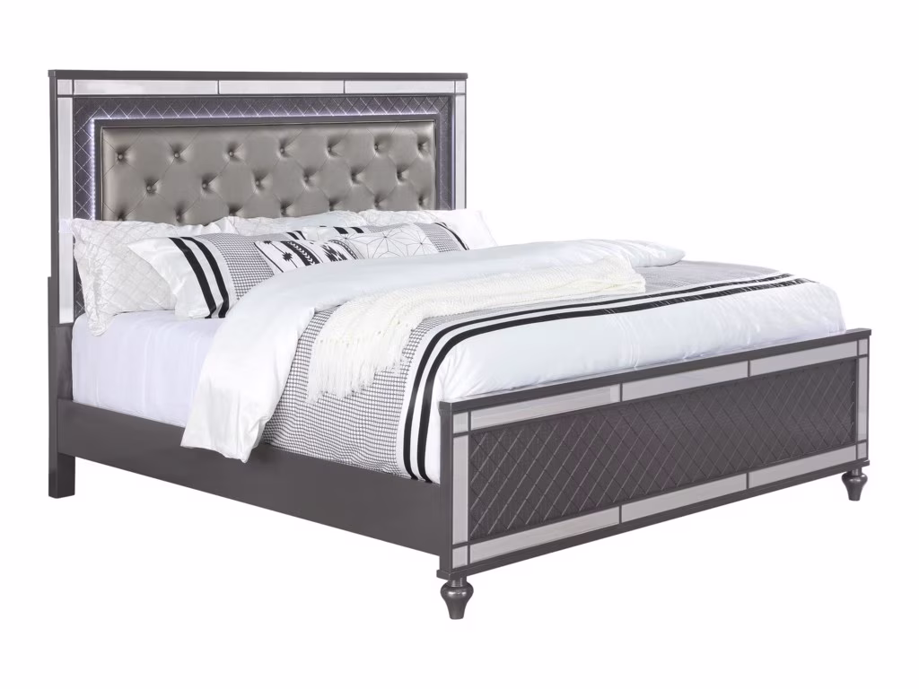 1Pc Contemporary King Size Upholstered Tufted LED Headboard Bed Glam Luxury Solid Wood Furniture Gray Finish