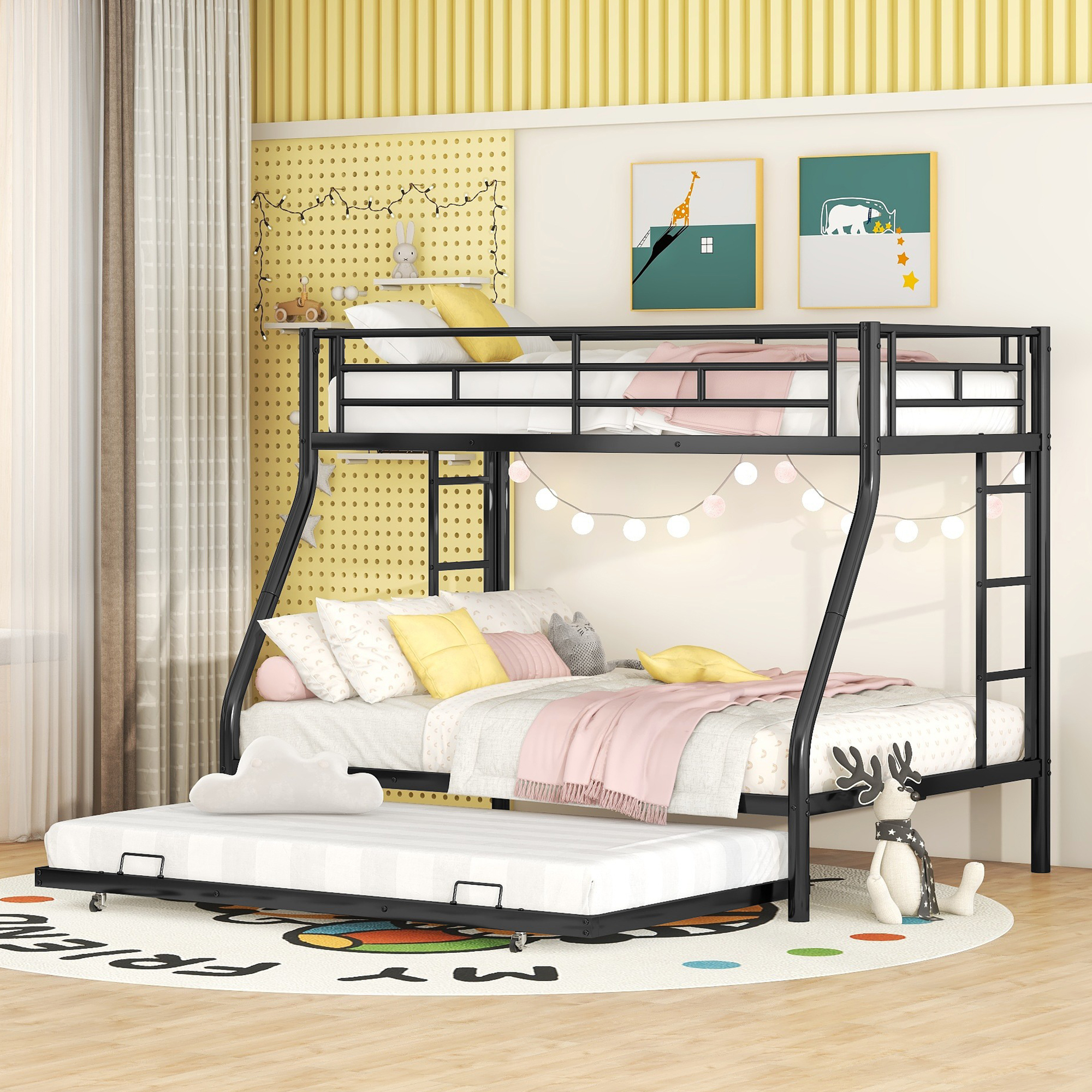 Bellemave Twin Over Full Bunk Beds with Trundle, Metal Bunk Bed Frame with Two-Side Ladders and Safety Rail, Thickened Metal Bed for 3 Kids Boys Girls Adults,Black