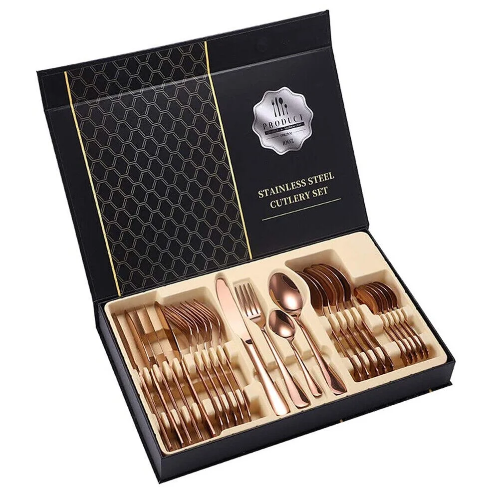 24-Piece Flatware Set Service for 6, Stainless Steel Kitchen Utensils Knife Fork Spoon Silverware Set with Box, Rose Gold