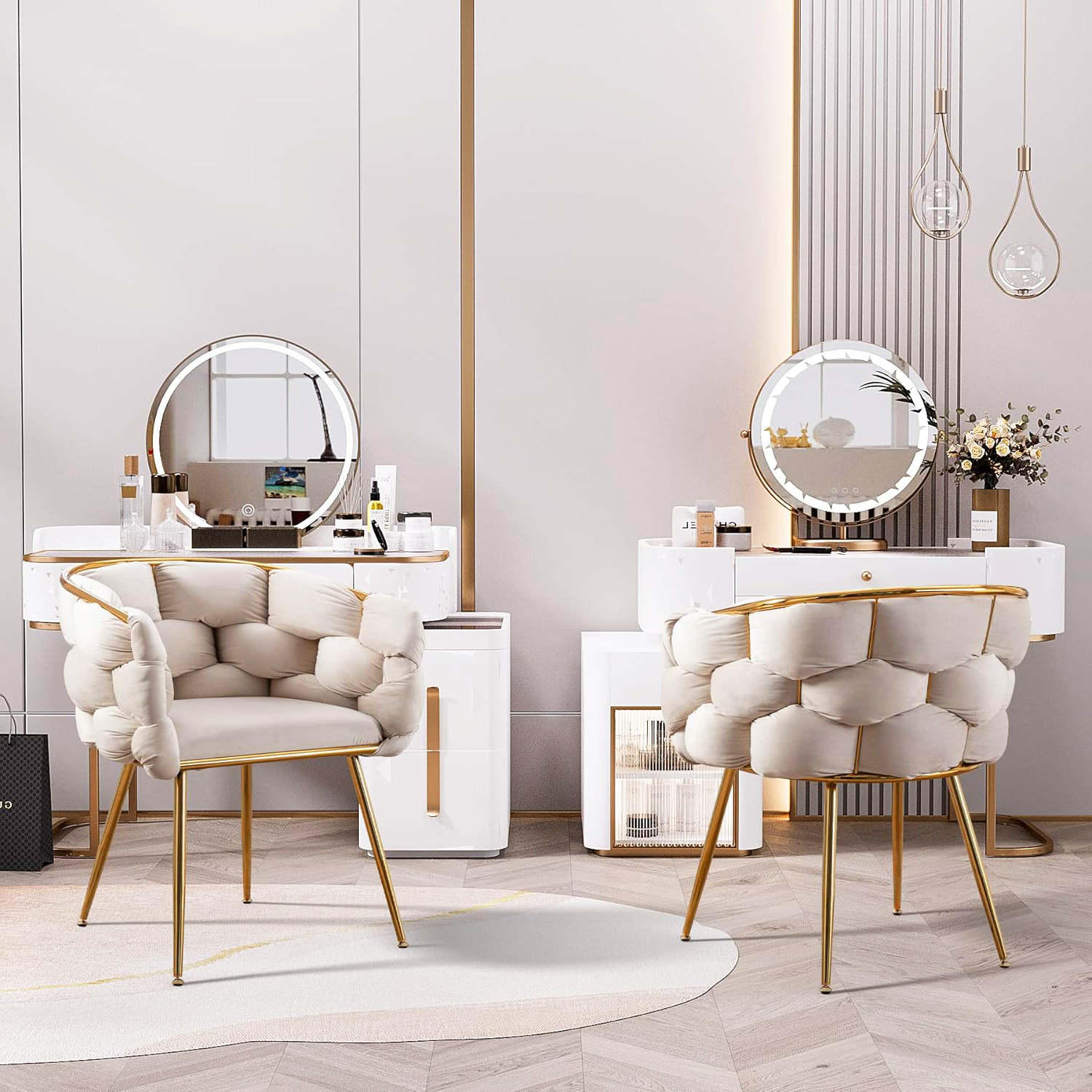 Glavbiku Luxury Modern Upholstered Velvet 1 Seat Dining Chair,Lazy Dresser Stool,Beige,Adult