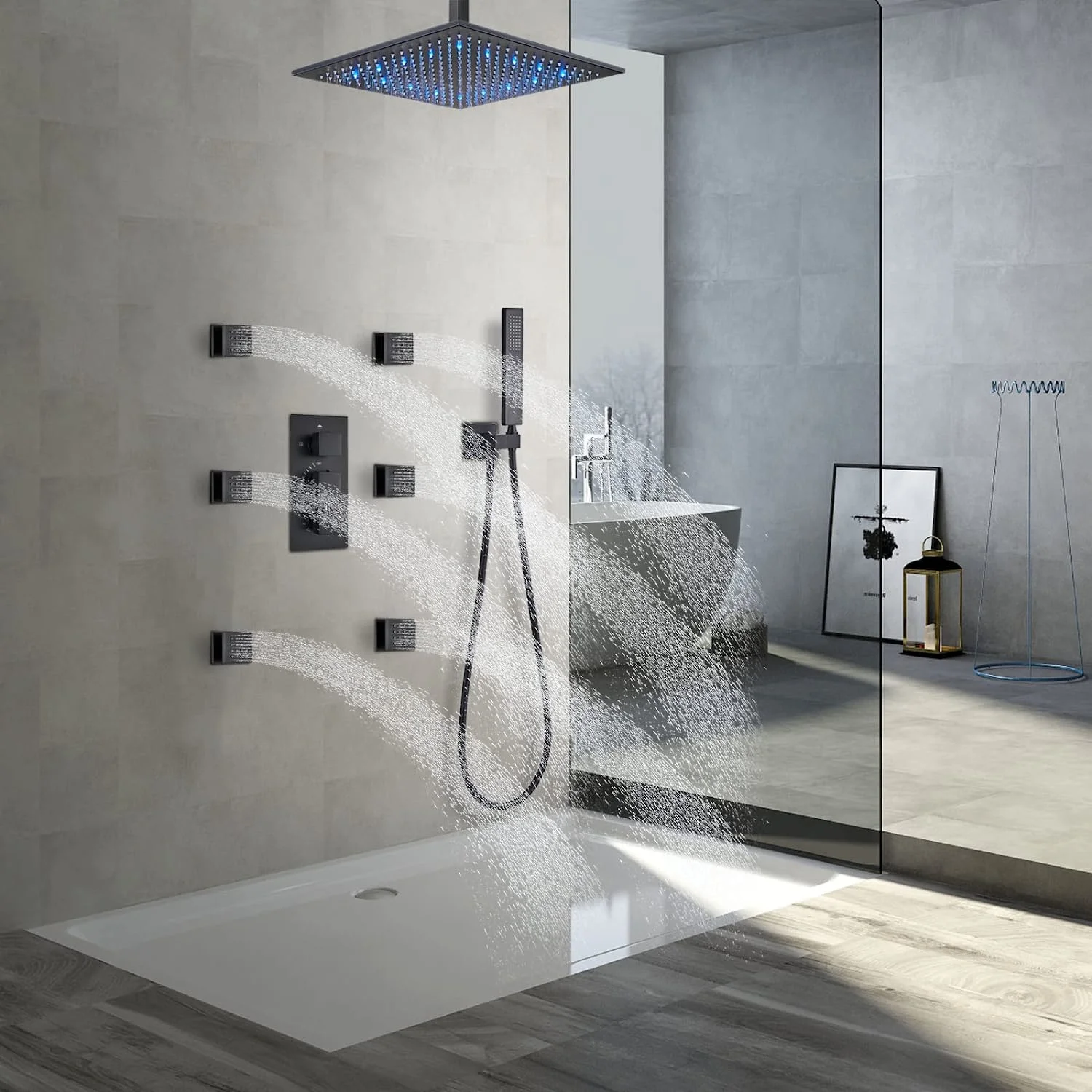 Zovajonia Shower System Matte Black 16 Inches LED Shower Faucet Set,   Rain Shower Head with Handheld Spray laundry jet system Bathroom Wall Mount Shower Fixtures