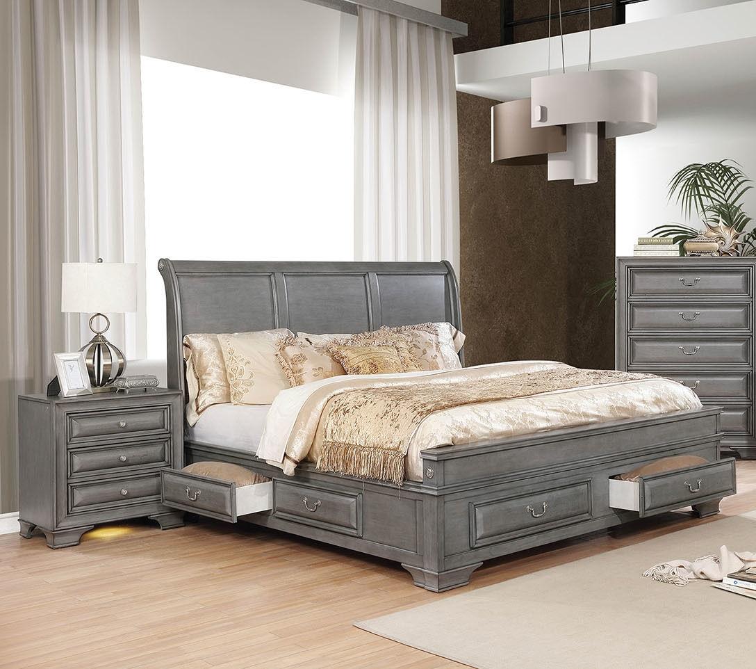 Transitional Gray Solid Wood Queen Bedroom Set 3pcs FOA CM7302GY Brandt