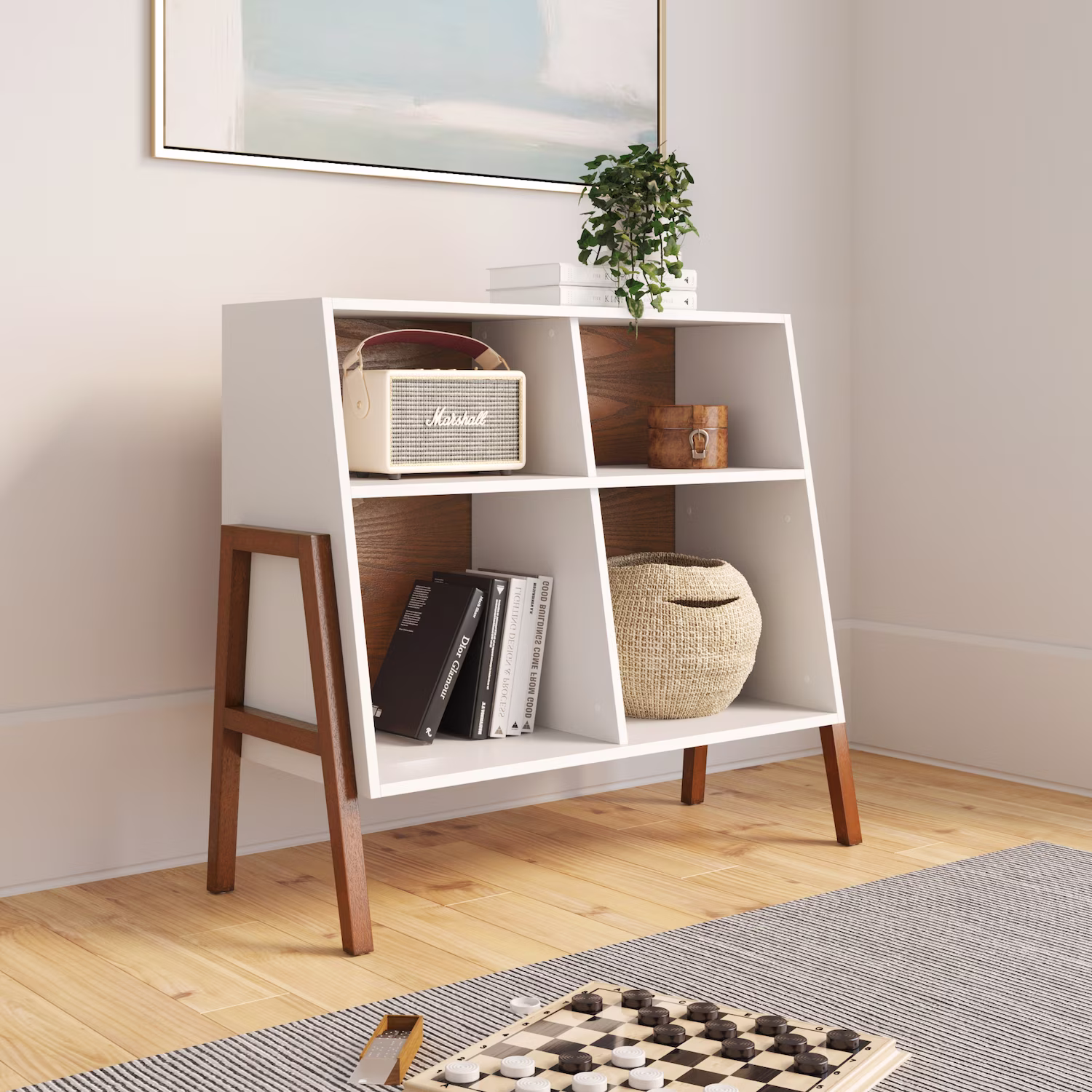Nathan James Telos Glossy White and Brown Angled Design 4-Cube Storage Organizer, Open Shelf Bookcase