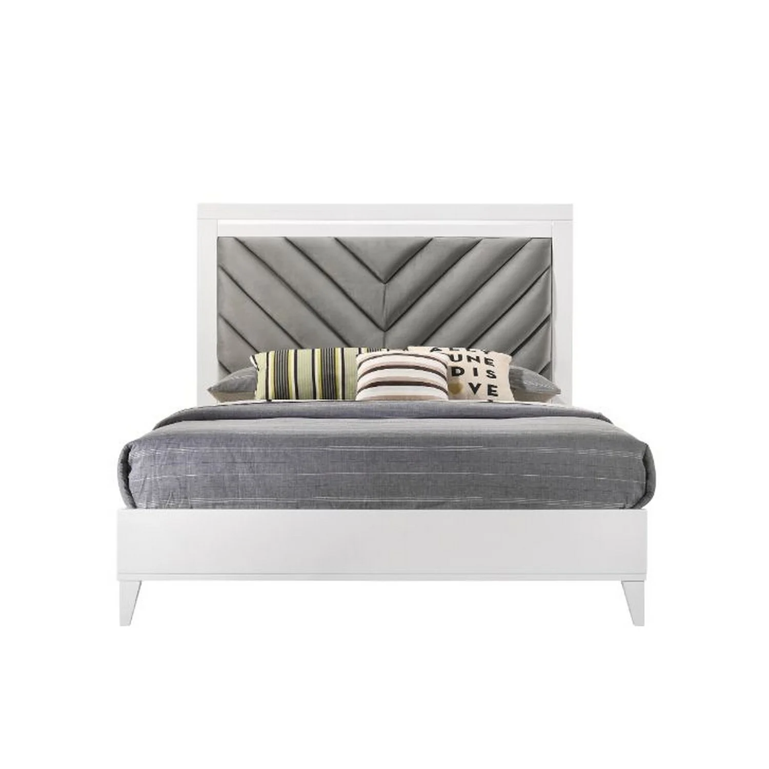 Benjara Eastern King Bed with Herringbone Tufted Pattern, Gray and White
